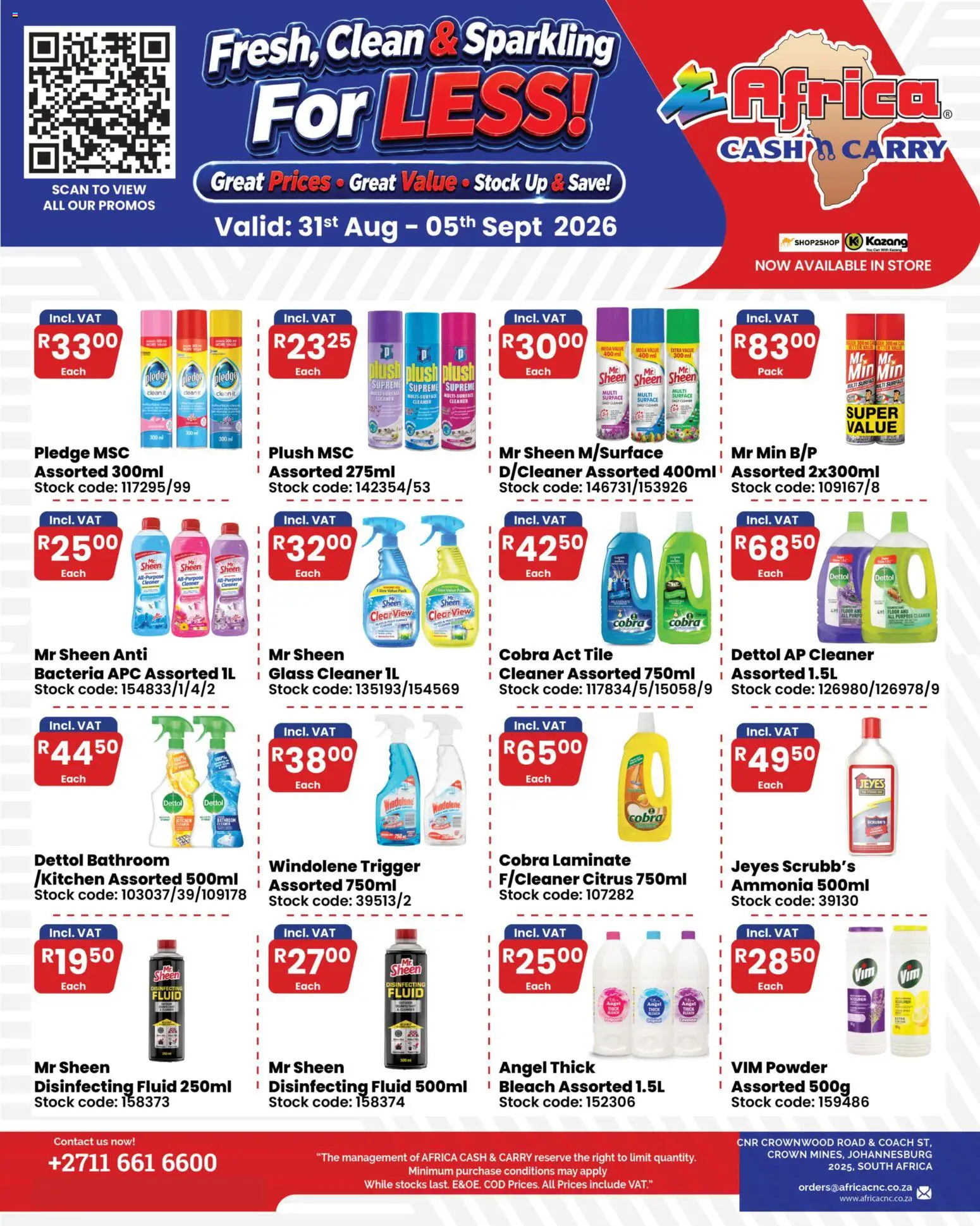 New Africa Cash & Carry catalogue – valid from 31/08/2026 | Page: 1 | Products: Surface cleaner, Bleach, Powder, Stock