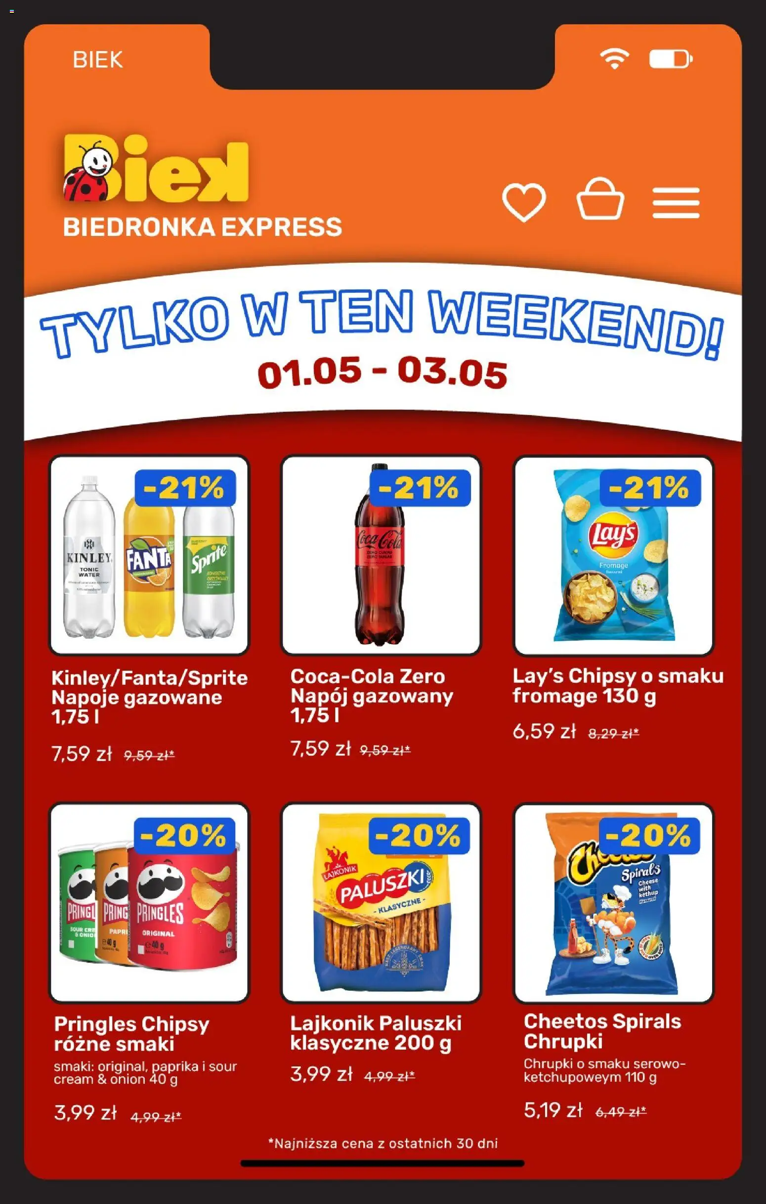 Biedronka gazetka - Biek Exspress od 01.05.2026 | Strona: 7 | Produkty: Chipsy pringles, Sprite, Coca cola, Paluszki