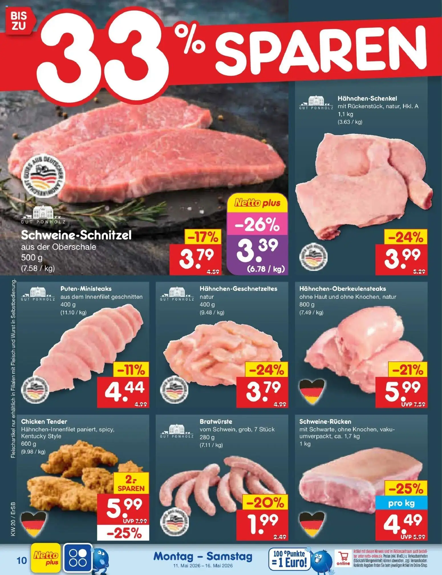 Netto Marken-Discount Prospekt Nordhausen	 – gültig ab 10.05.2026 | Seite: 11 | Produkte: Hahnchenschenkel, Wurst, Schweinerucken, Fleisch
