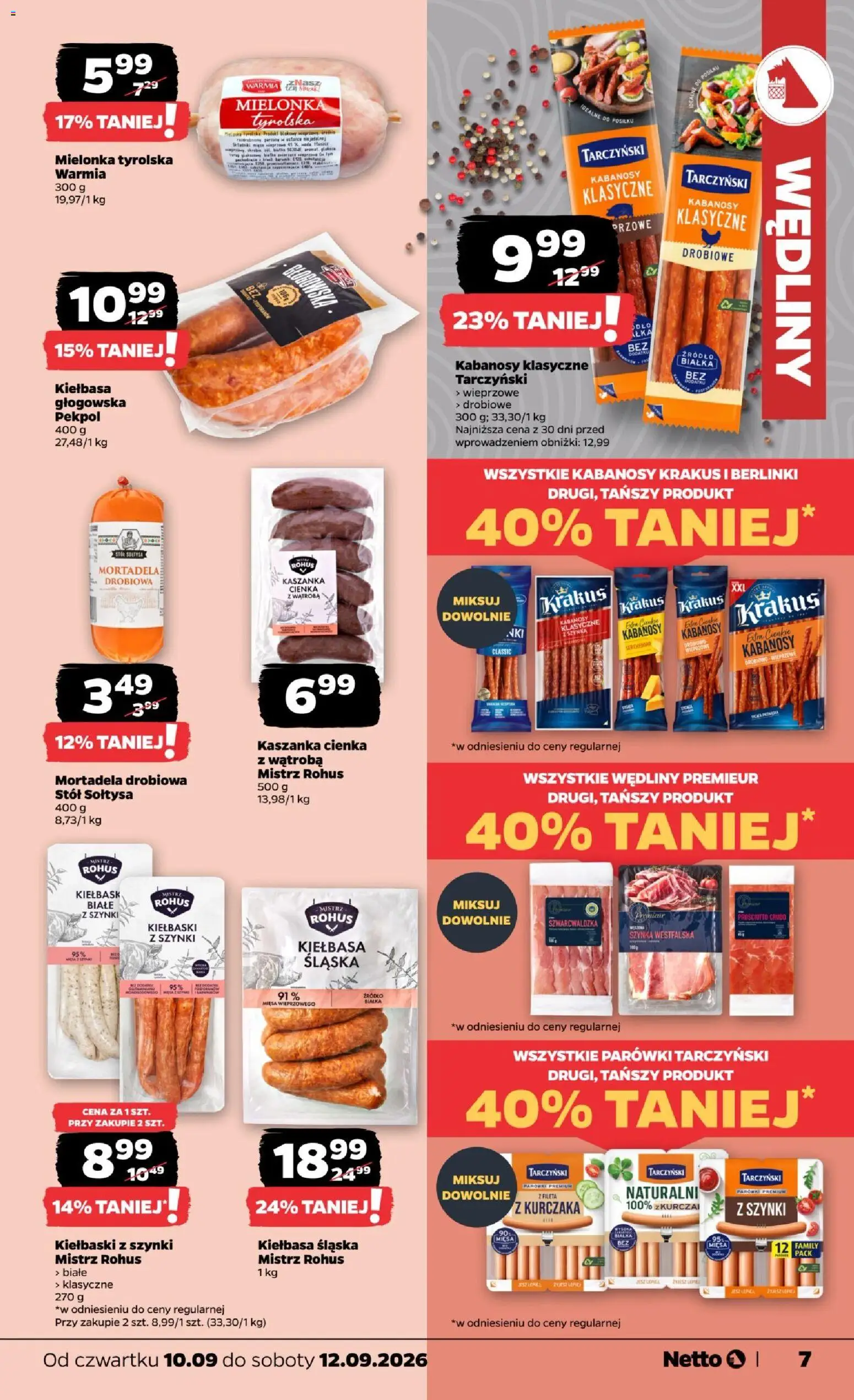 Netto gazetka od czwartku od 10.09.2026 | Strona: 7 | Produkty: Kabanosy, Kaszanka, Szynka, Ser