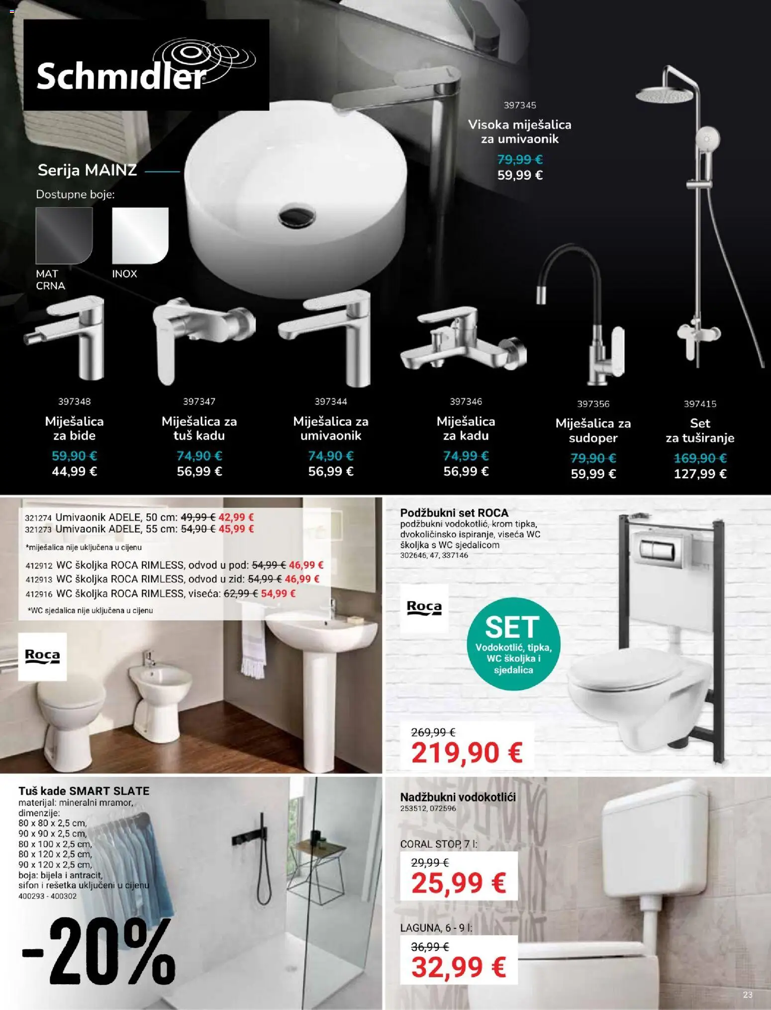 Pevex katalog | vrijedi od 23.07.2026 | Stranica: 23 | Proizvodi: Umivaonik, Tuš, Wc školjka