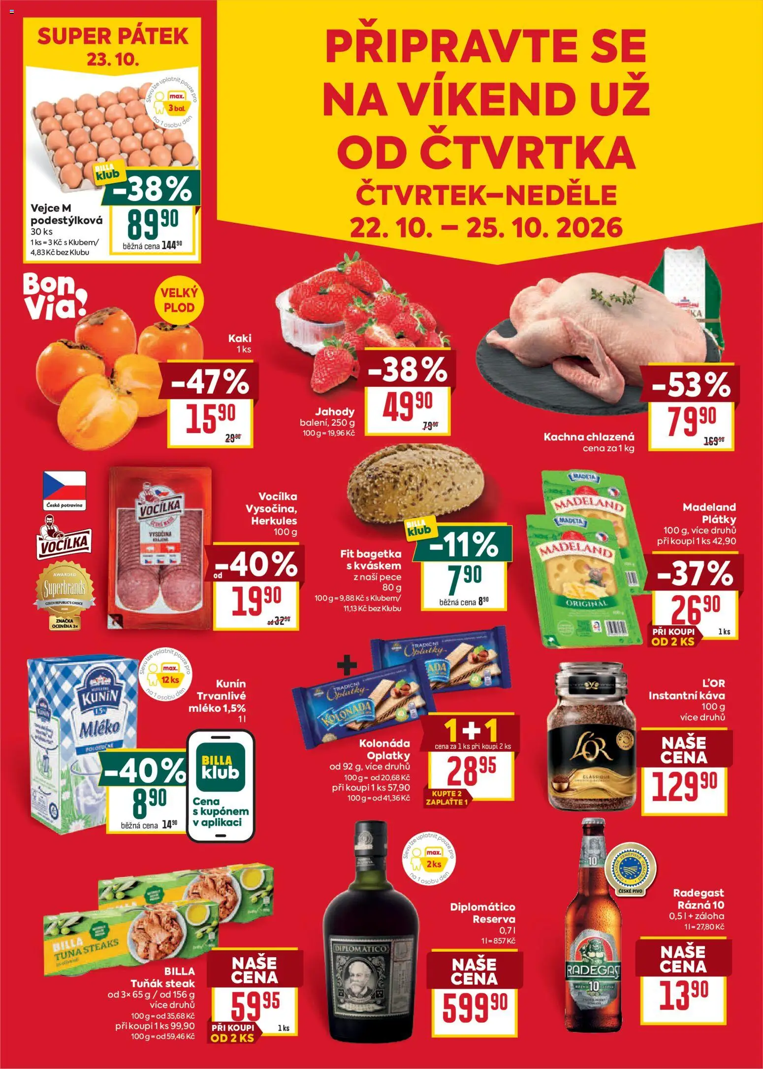 Billa leták od 21.10.2026 | Strana: 7 | Produkty: Kachna chlazená, Vejce M, Tuňák steak, Oplatky