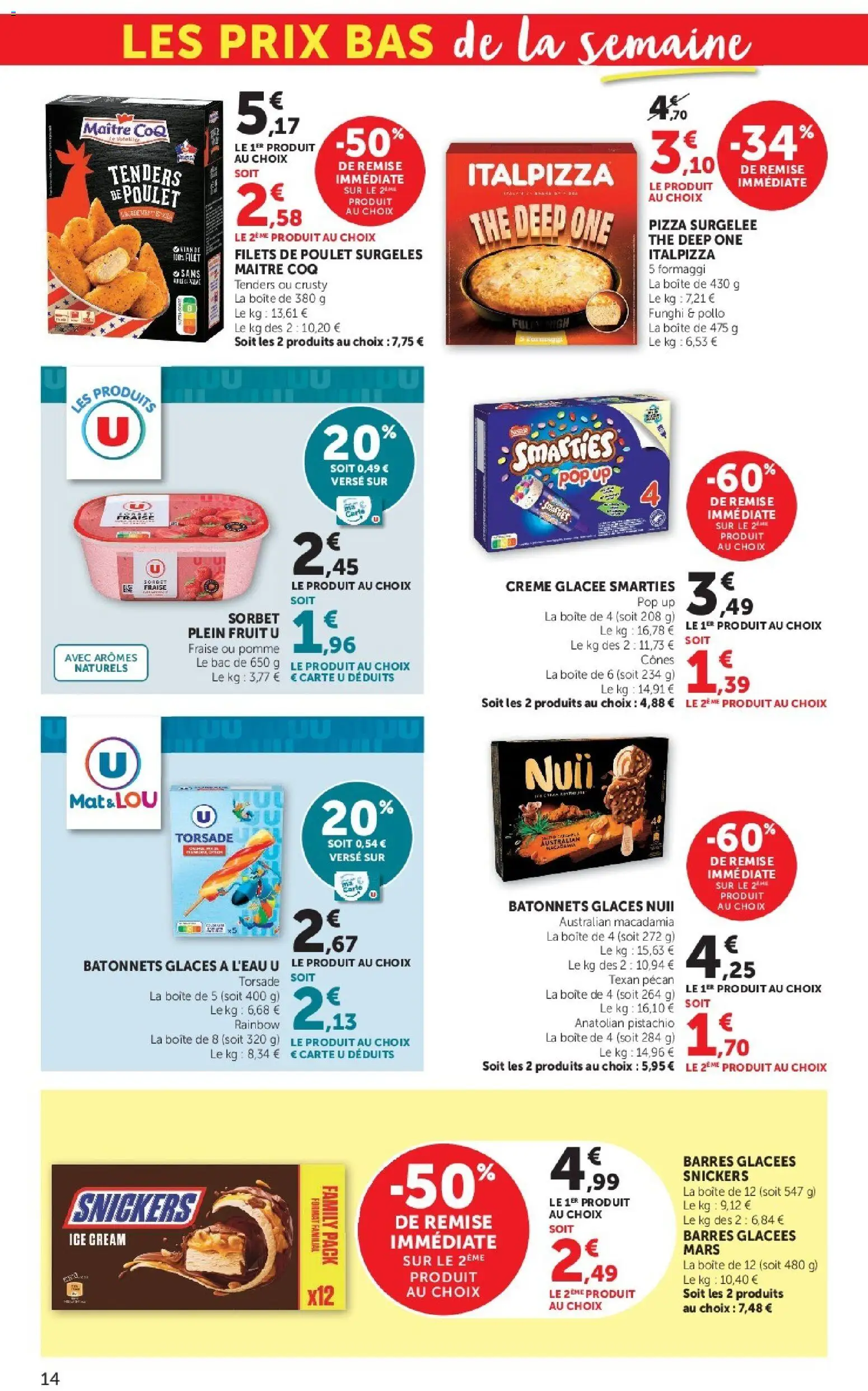 {H1} | Page: 14 | Produits: Pizza surgelée, Snickers, Viande, Pizza