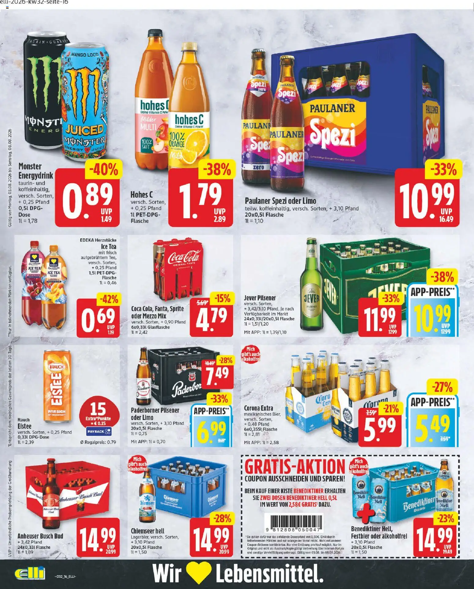 Elli Markt Prospekt Delbrück – gültig ab 03.08.2026 | Seite: 16 | Produkte: Cola, Pfirsich, Fruchtsaft, Paulaner