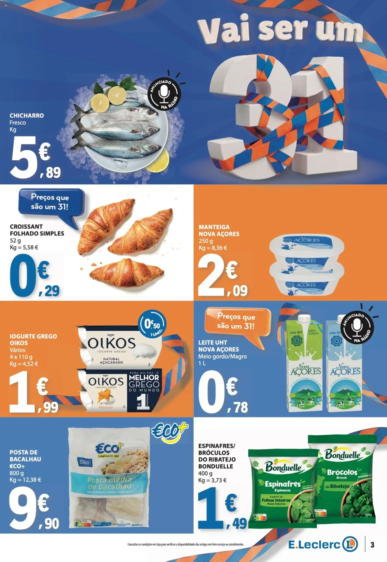 E.Leclerc folheto │ válido de 29/10/2026 | Página: 3 | Produtos: Rádio, Espinafres, Bacalhau, Manteiga