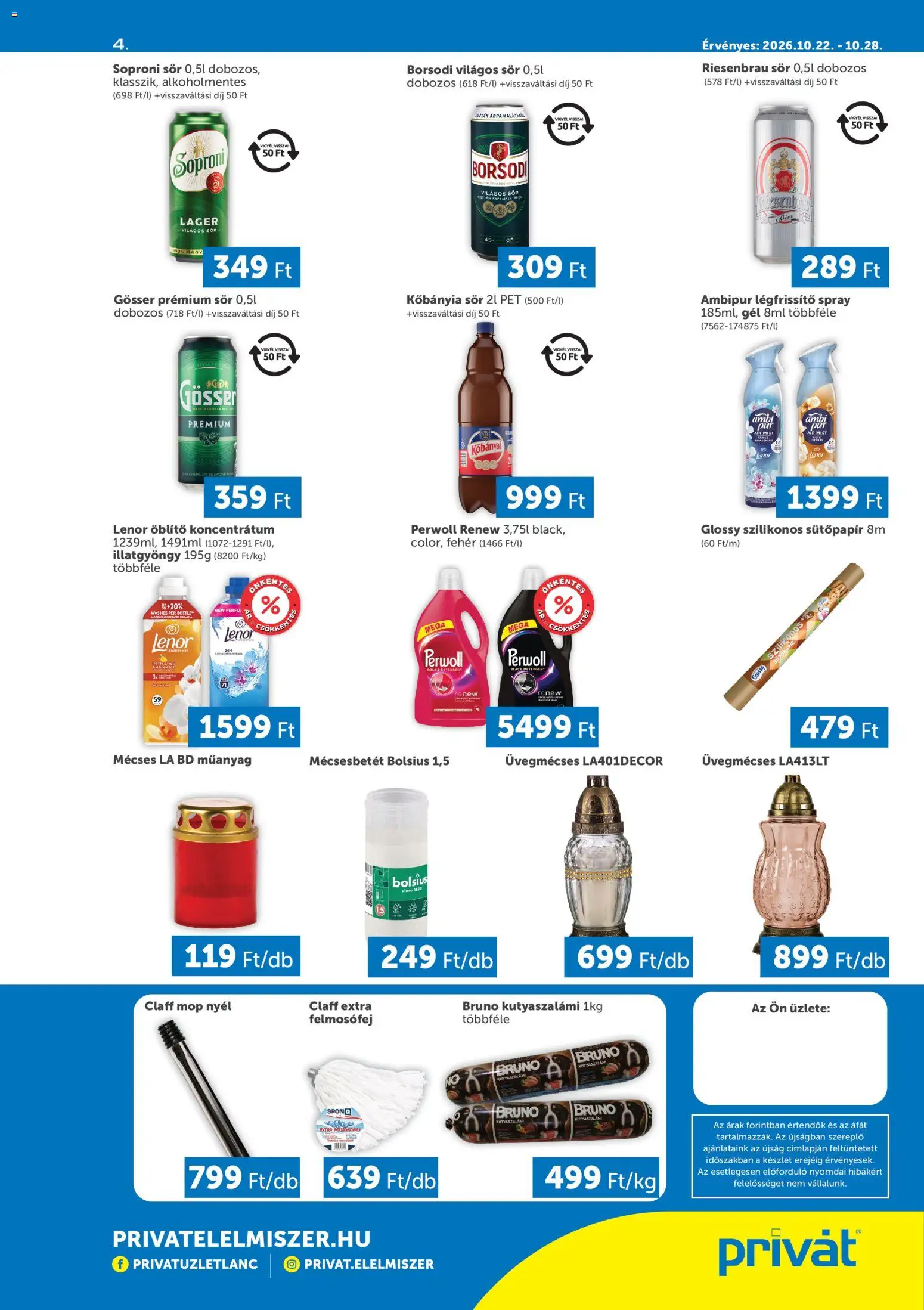 PRIVÁT akciós ujság - amely érvényes a következő dátumtól: 2026.10.22. | Oldal: 4 | Termékek: Légfrissítő spray, Perwoll, Kutyaszalámi, Mop