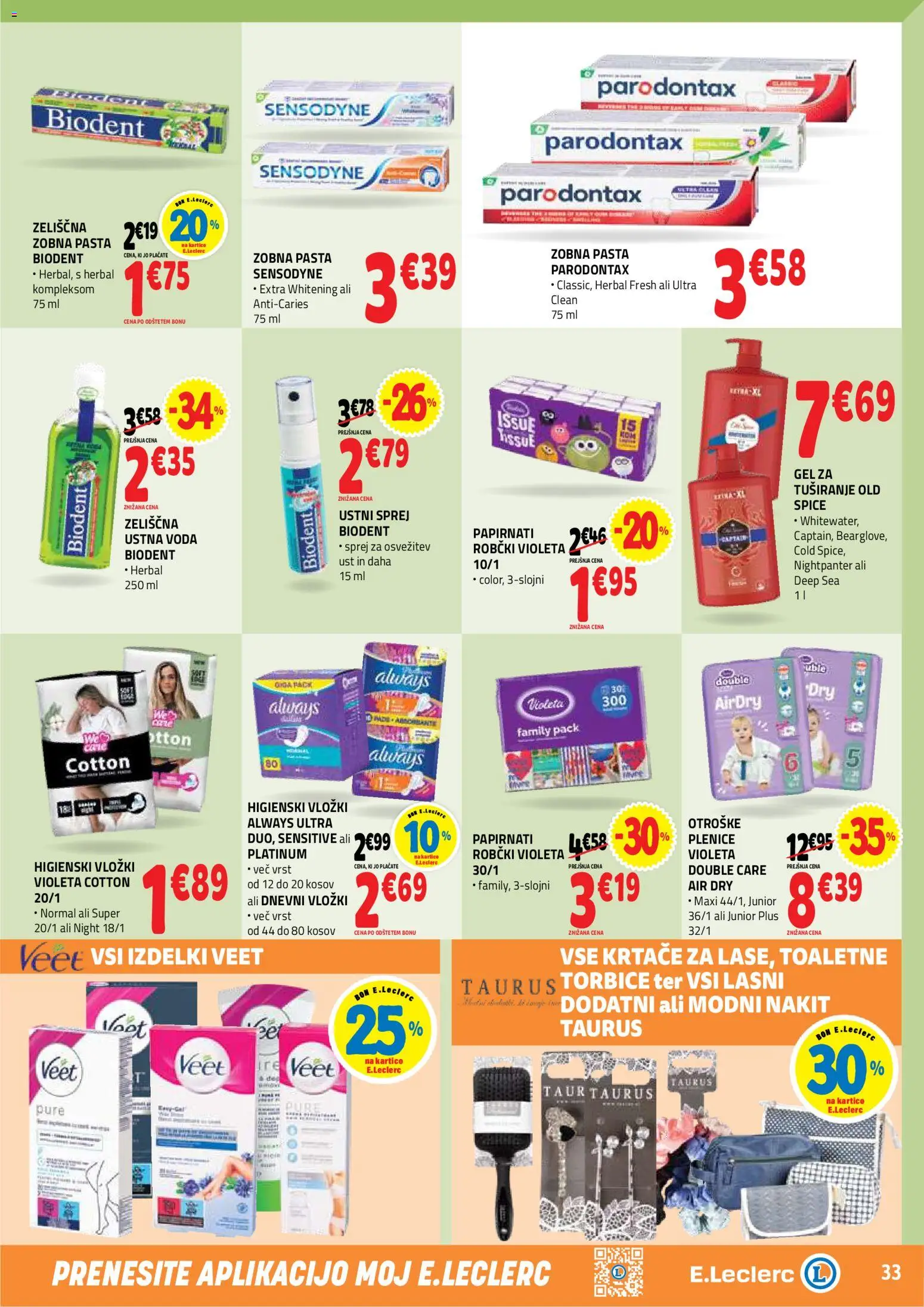 Novi E.leclerc katalog ponudbe – veljaven od 28.10.2026 | Stran: 33 | Izdelki: Plenice, Robčki, Zobna pasta, Voda