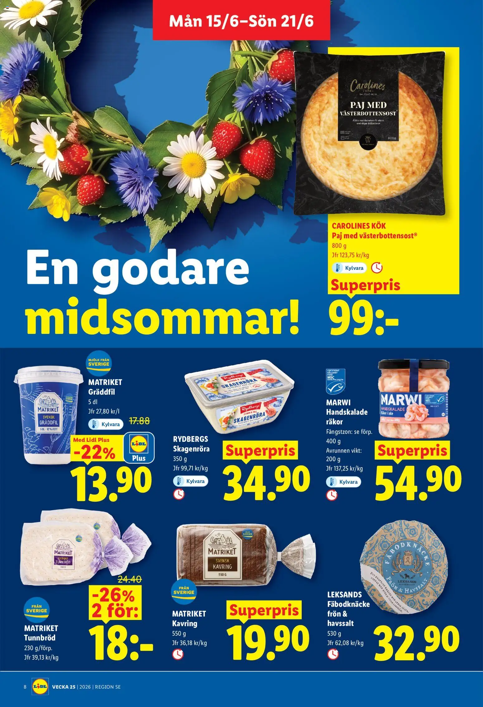 Lidl reklamblad aktuell från 15.06.2026 | Sida: 8 | Produkter: Tunnbröd, Paj, Räkor, Gräddfil