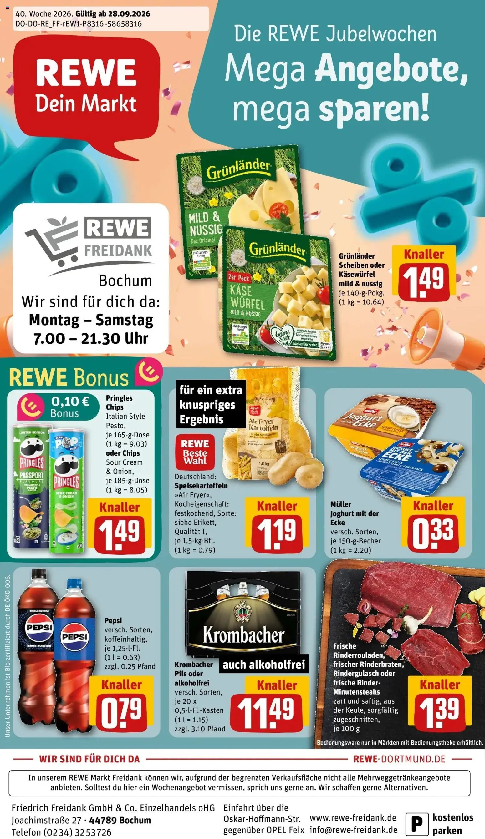 REWE Prospekt ab 28.09.2026 zum Blättern » Angebote | Seite: 1 | Produkte: Käse, Kartoffeln, Chips, Telefon