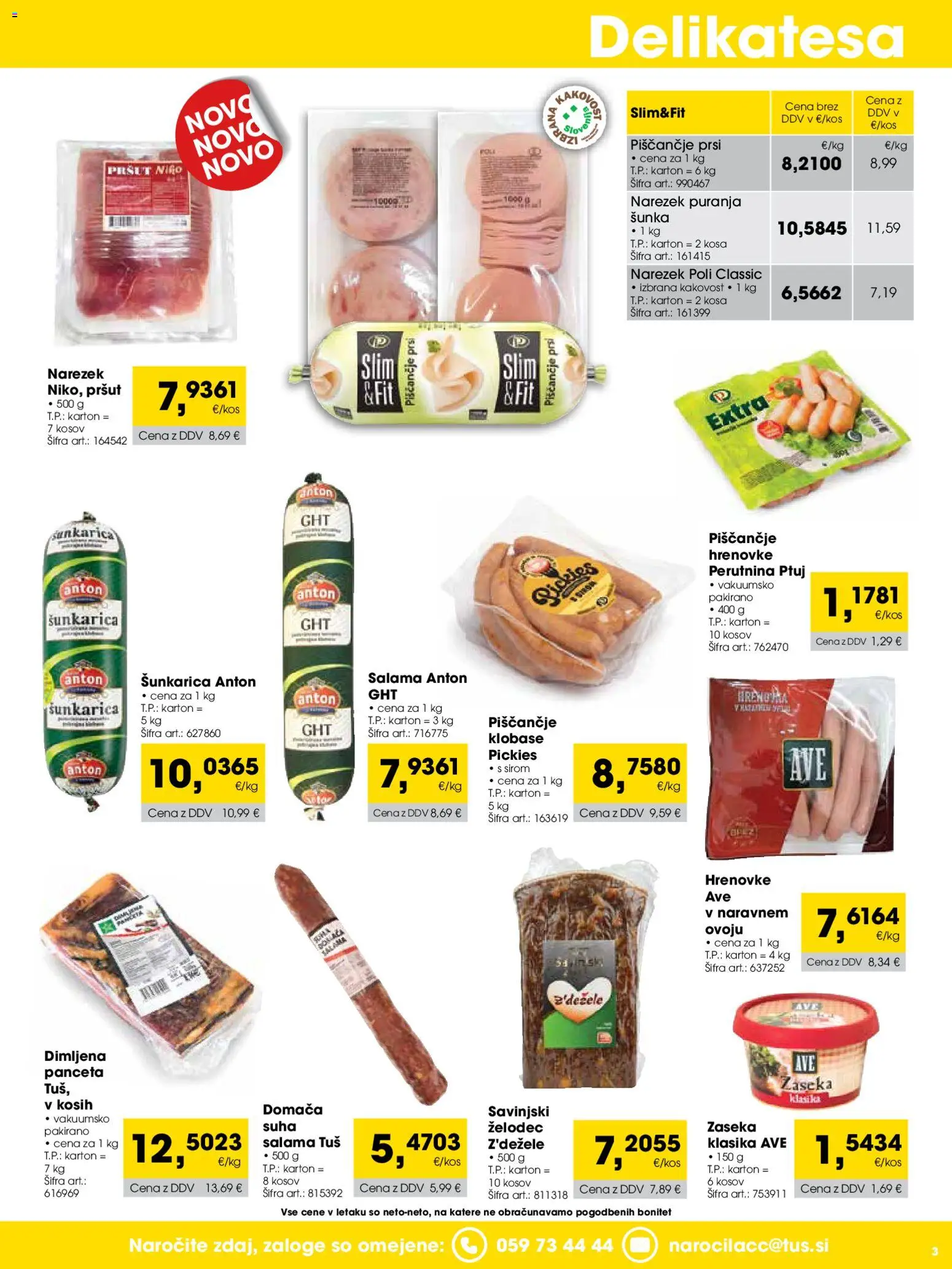 Novi Tuš katalog ponudbe – veljaven od 01.05.2026 | Stran: 3 | Izdelki: Pršut, Panceta, Salama, Sunka
