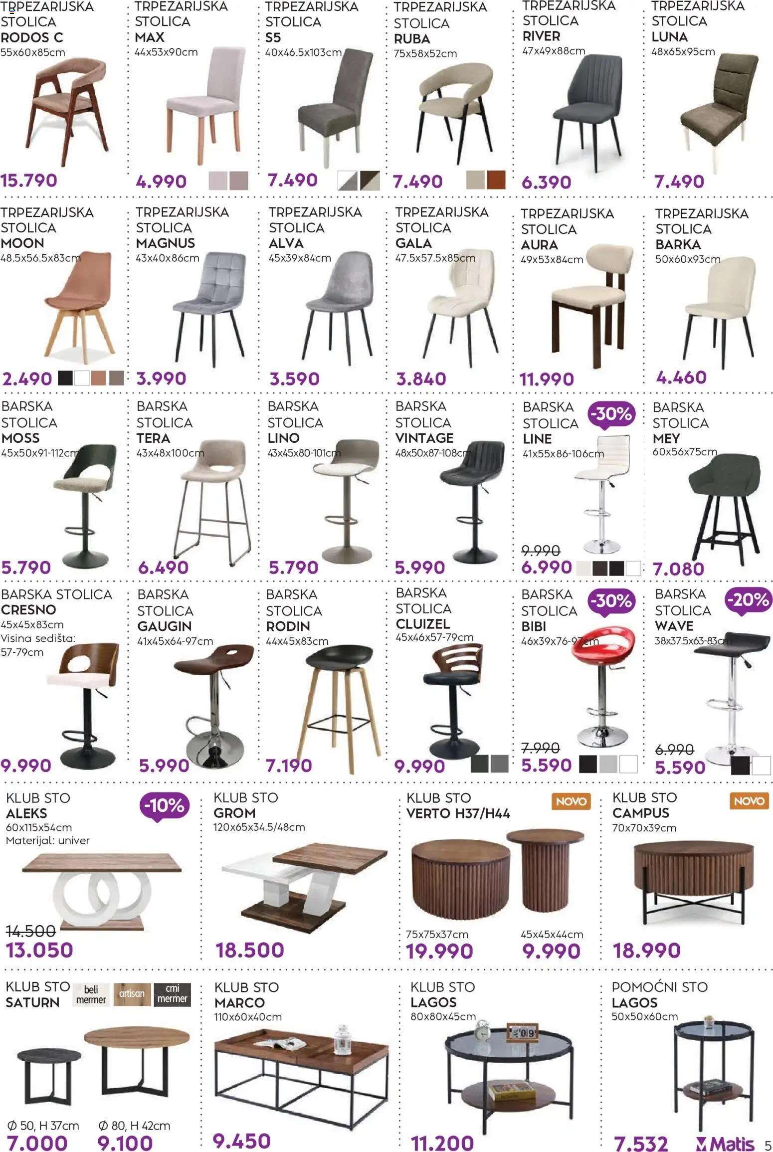 Matis katalog - važi od 01.10.2026 | Strana: 5 | Proizvode: Sto, Stolica, Sedišta, Barska stolica