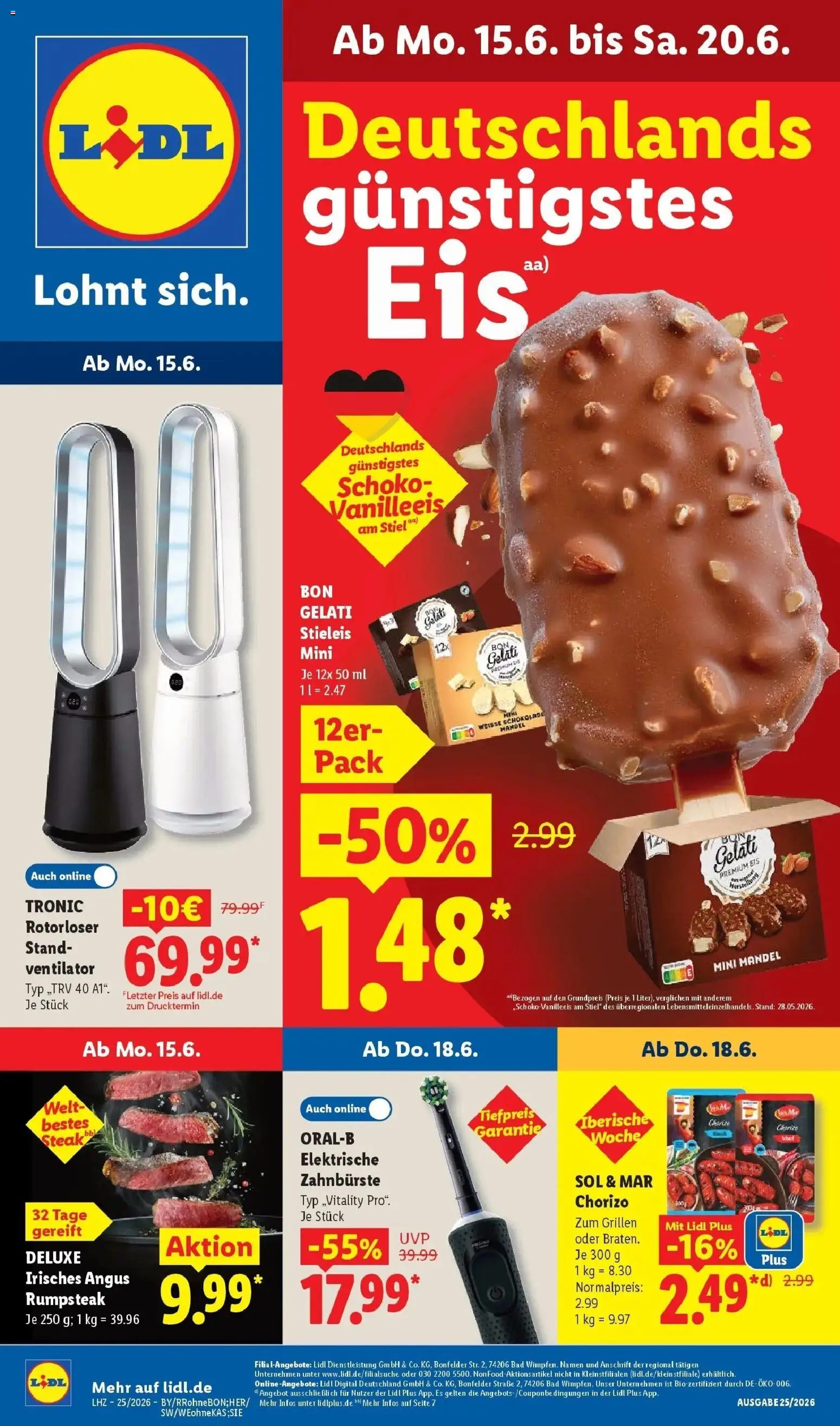 Lidl Prospekt Zülpich – gültig ab 15.06.2026 | Seite: 1 | Produkte: Rumpsteak, Ventilator, Elektrische zahnbürste, Bad