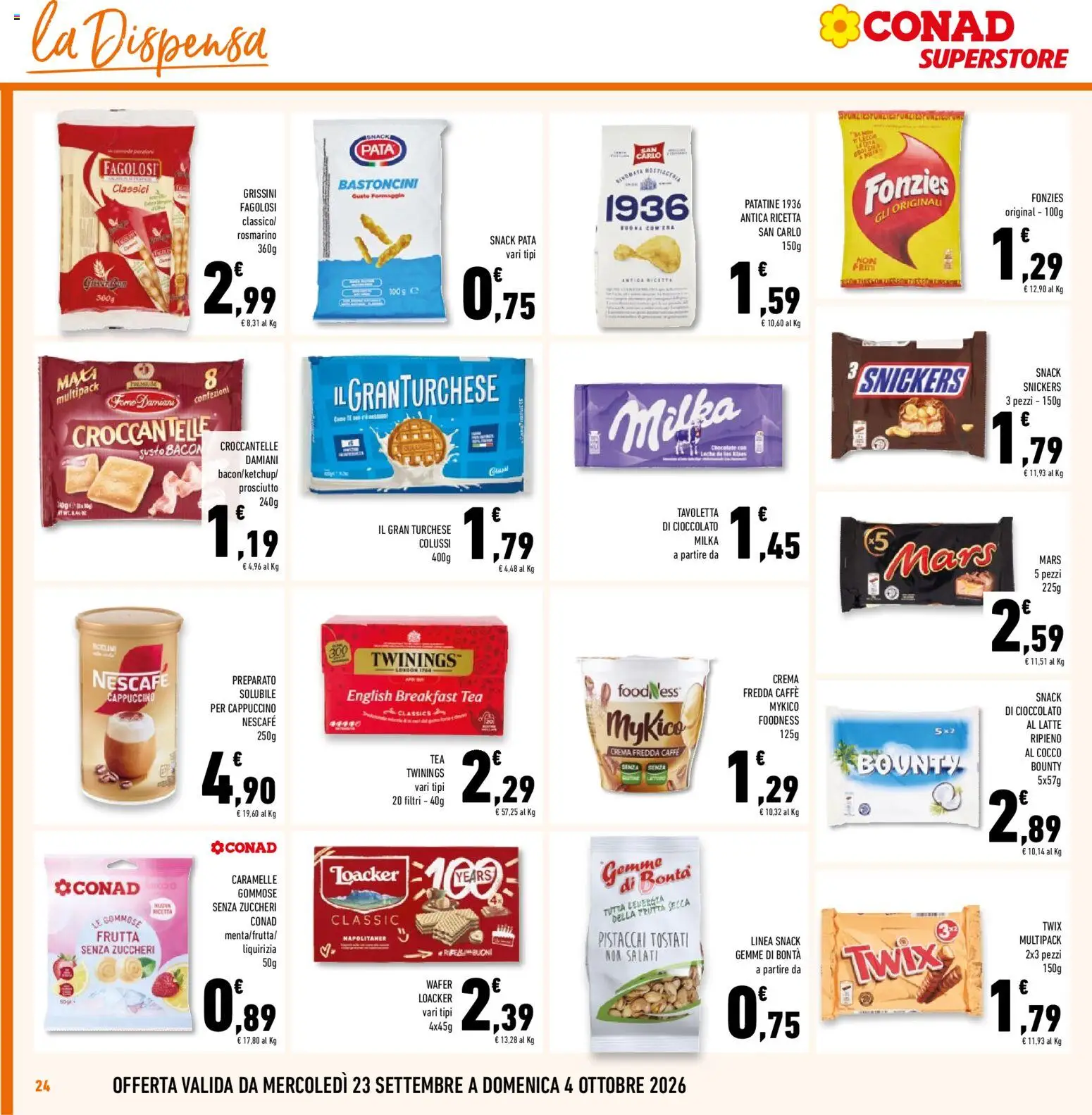Volantino Conad del 23/09/2026 | Pagina: 24 | Prodotti: Crema, Cioccolato, Patatine, Snickers