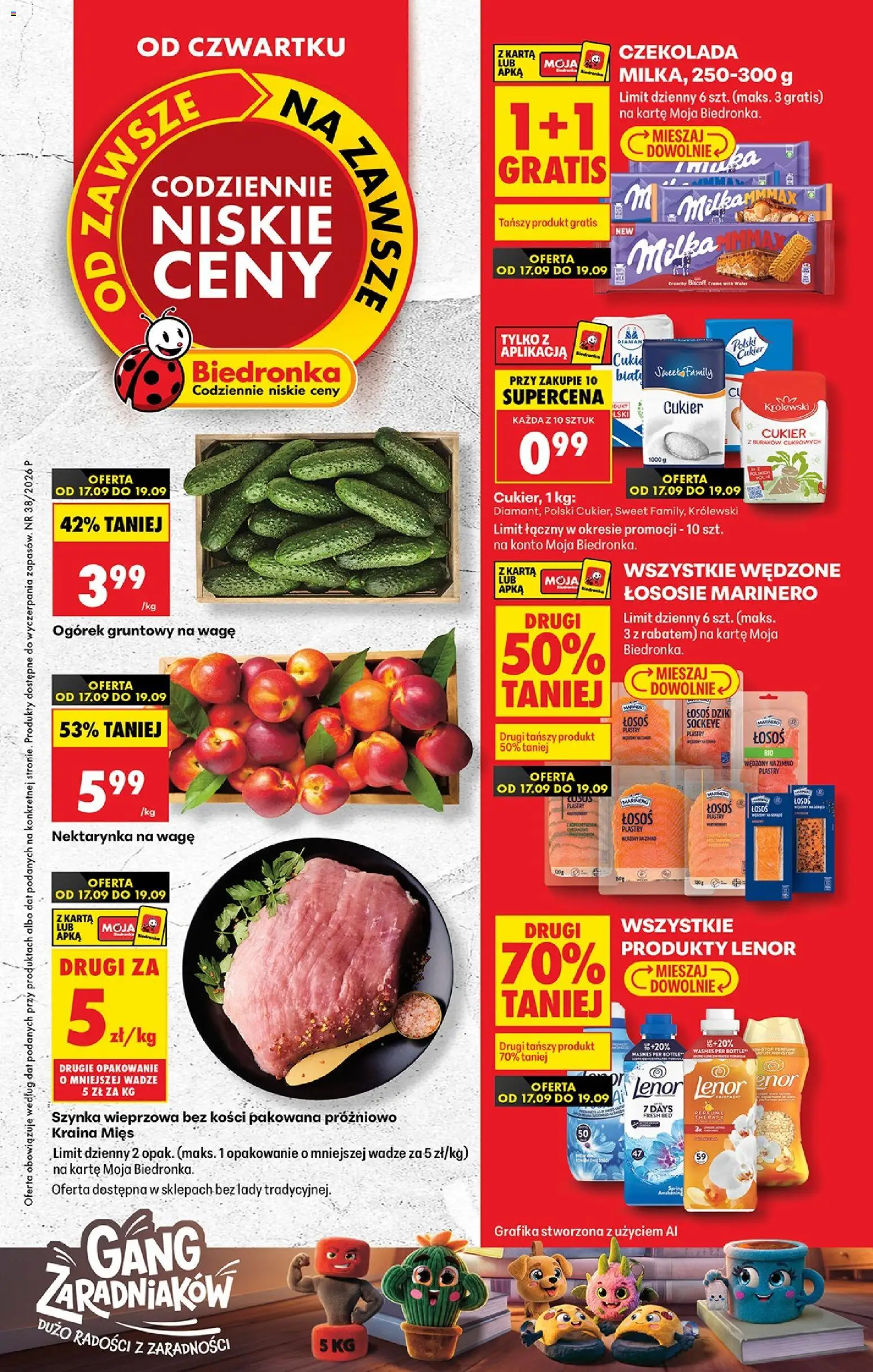 Biedronka gazetka od czwartku od 17.09.2026 | Strona: 1 | Produkty: Nektarynka, Łosoś wędzony, Ogórek, Cukier