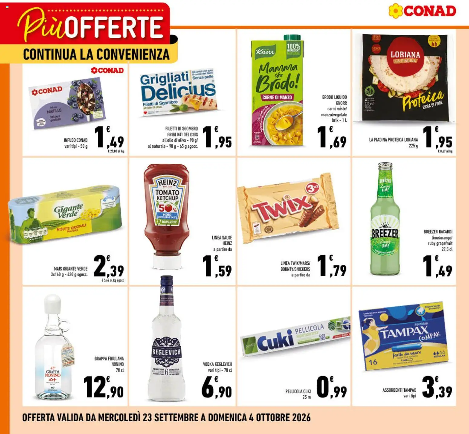 Volantino Conad del 23/09/2026 | Pagina: 2 | Prodotti: Manzo, Vodka, Lime, Assorbenti
