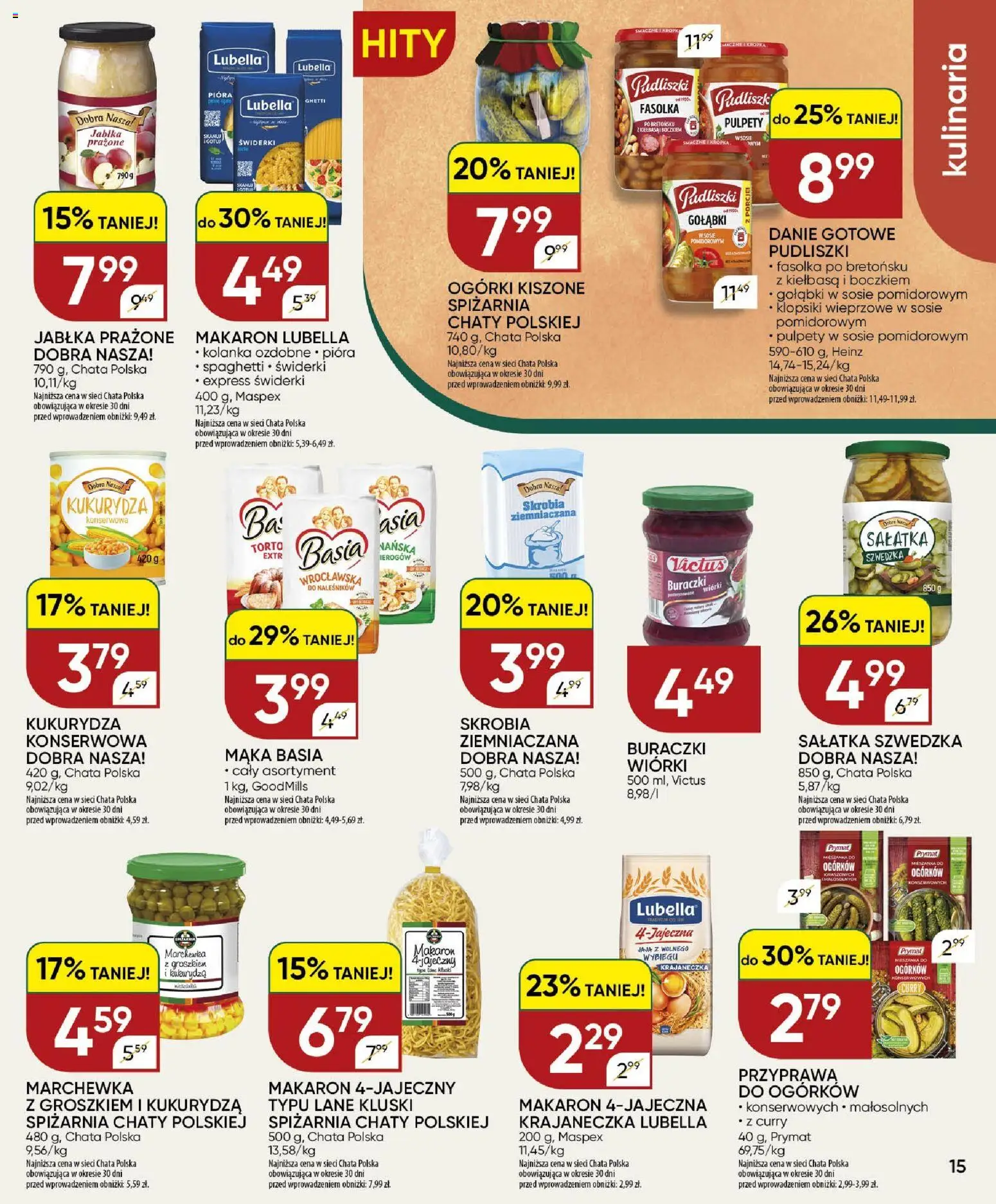 Chata Polska gazetka od 18.06.2026 | Strona: 15 | Produkty: Mąka basia, Klopsiki, Ogórki, Marchewka z groszkiem