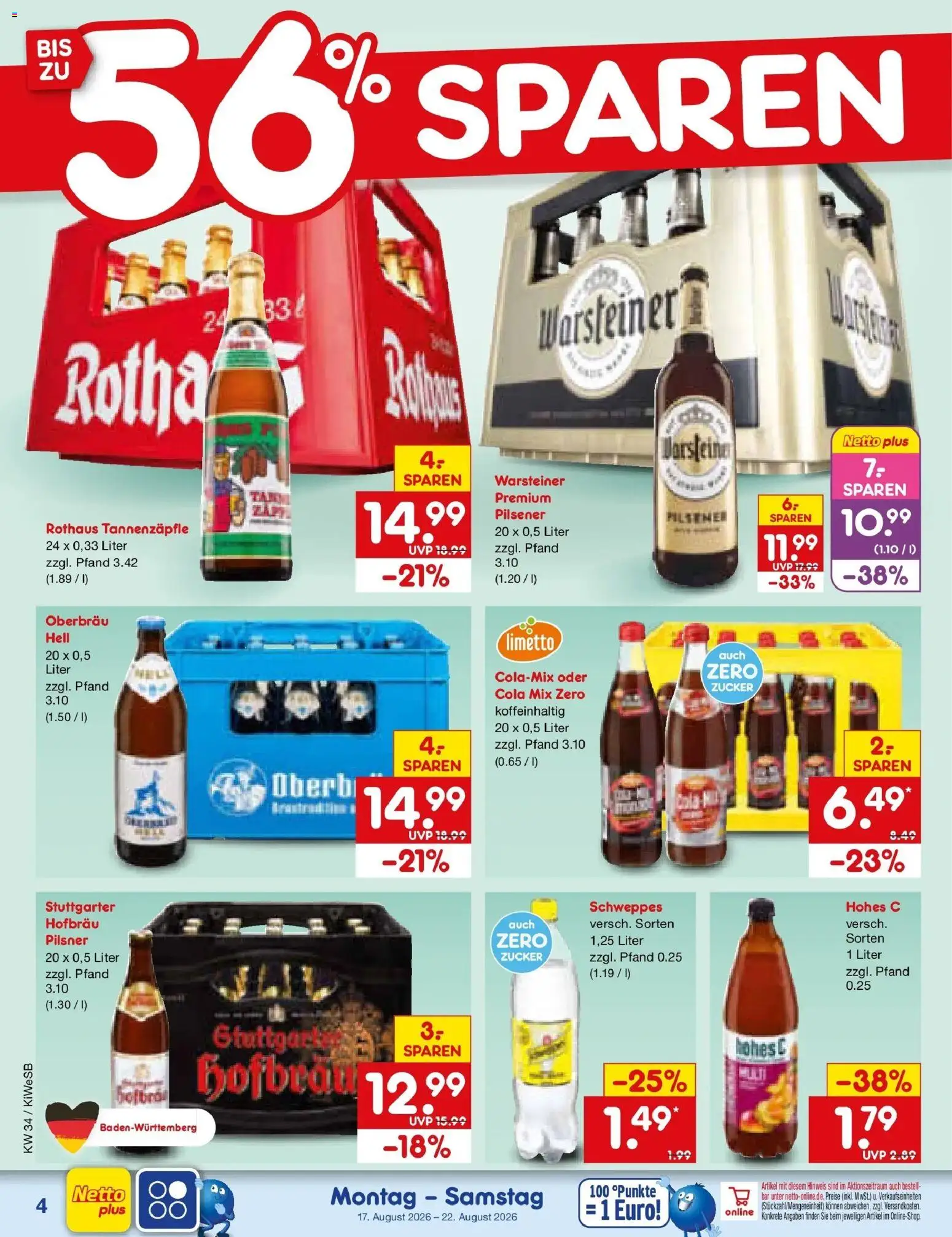 Netto Marken-Discount Prospekt Bad Friedrichshall – gültig ab 17.08.2026 | Seite: 6 | Produkte: Cola, Schweppes, Zucker, Hohes c