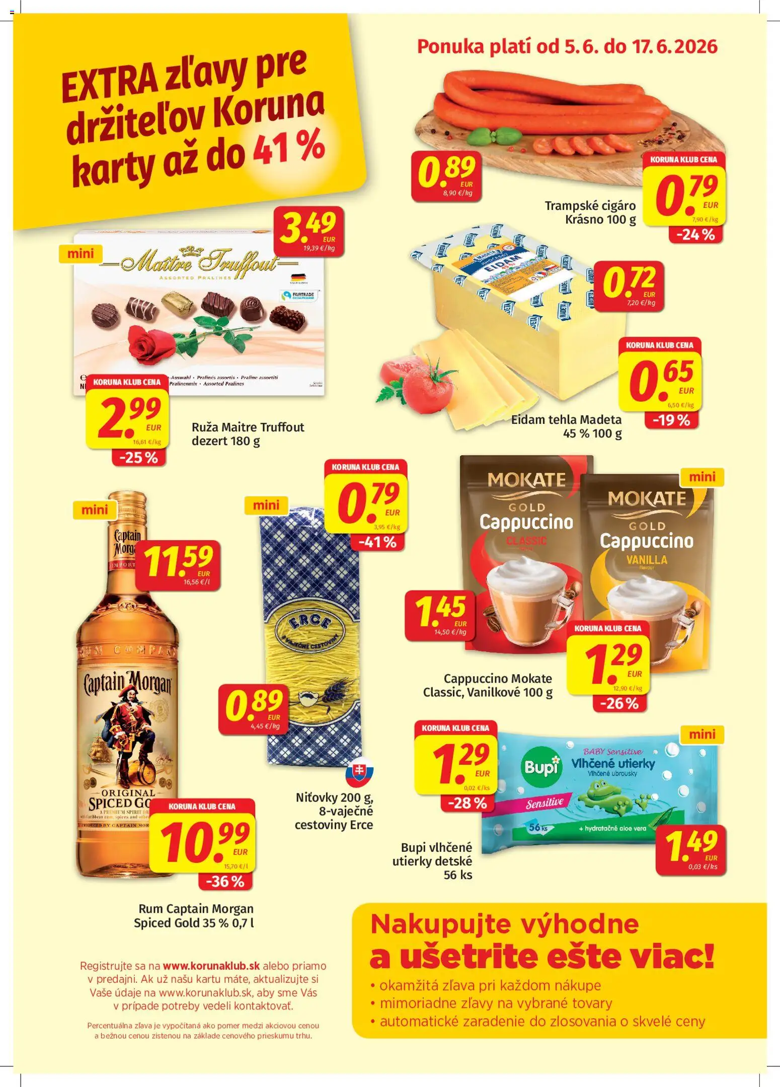 Nové Koruna akcie – leták je platný od 05.06.2026 | Strana: 1 | Produkty: Cestoviny, Eidam, Captain Morgan, Rum