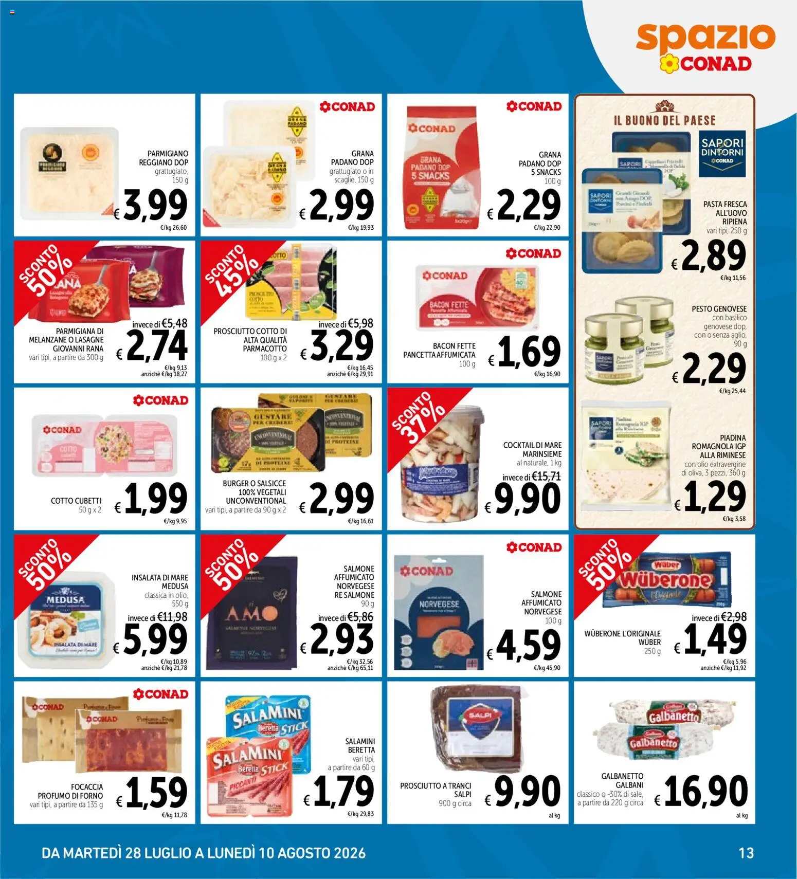 Volantino Spazio Conad del 28/07/2026 | Pagina: 13 | Prodotti: Salmone, Focaccia, Pancetta, Forno