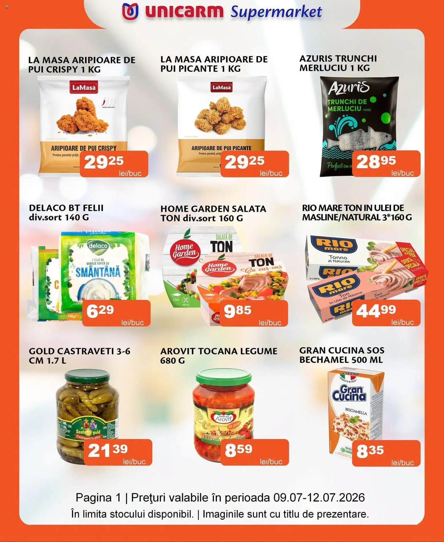 Noul catalog Unicarm – valabil de la 09.07.2026 | Pagină: 1 | Produse: Masă, Brânză, Salată, Sos
