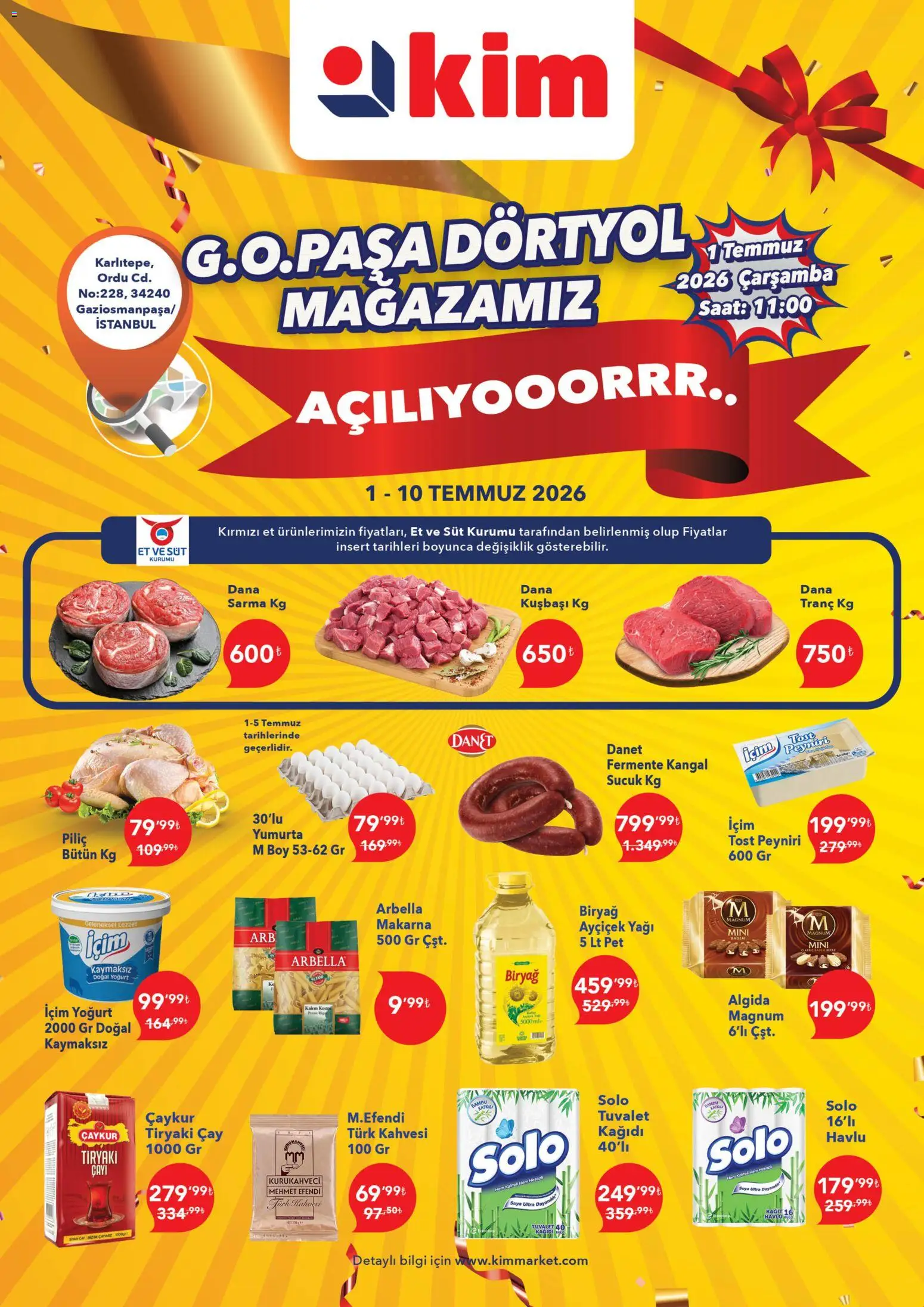 Kim Market - Yeni Mağaza Açılışına Özel - 01 Temmuz 2026 tarihinden itibaren geçerlidir | Sayfa: 1 | Ürünler: Süt, Yoğurt, Badem, Piliç