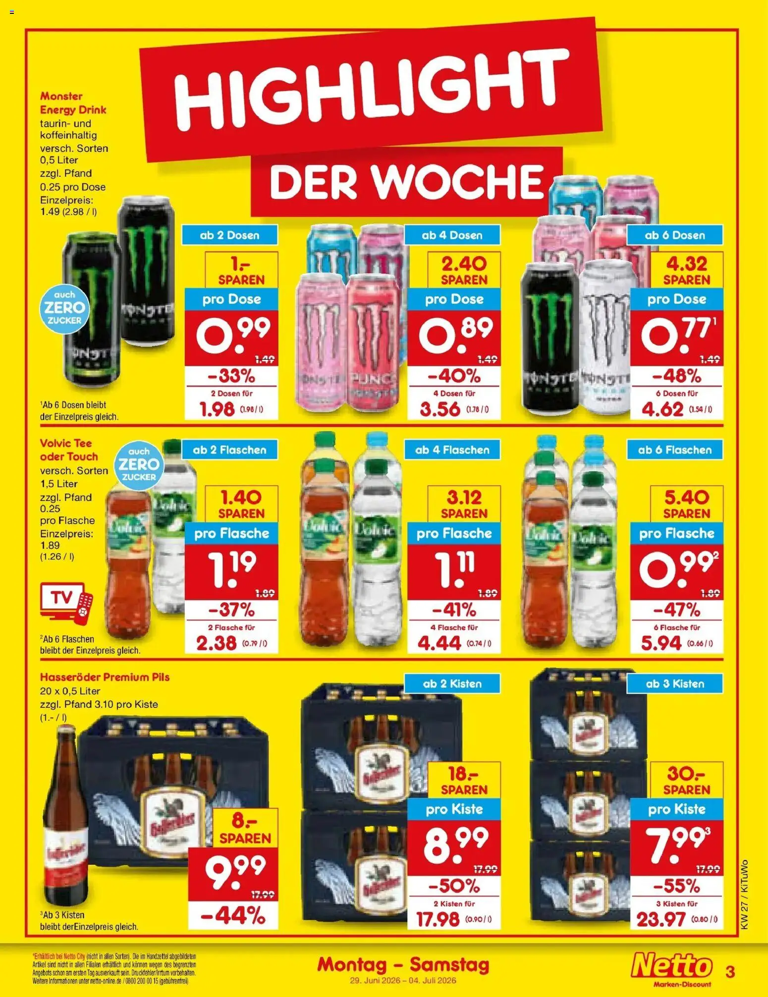 Netto Marken-Discount Prospekt Lahr-Langenwinkel – gültig ab 29.06.2026 | Seite: 3 | Produkte: Volvic tee, Zucker, Hasseröder, Volvic