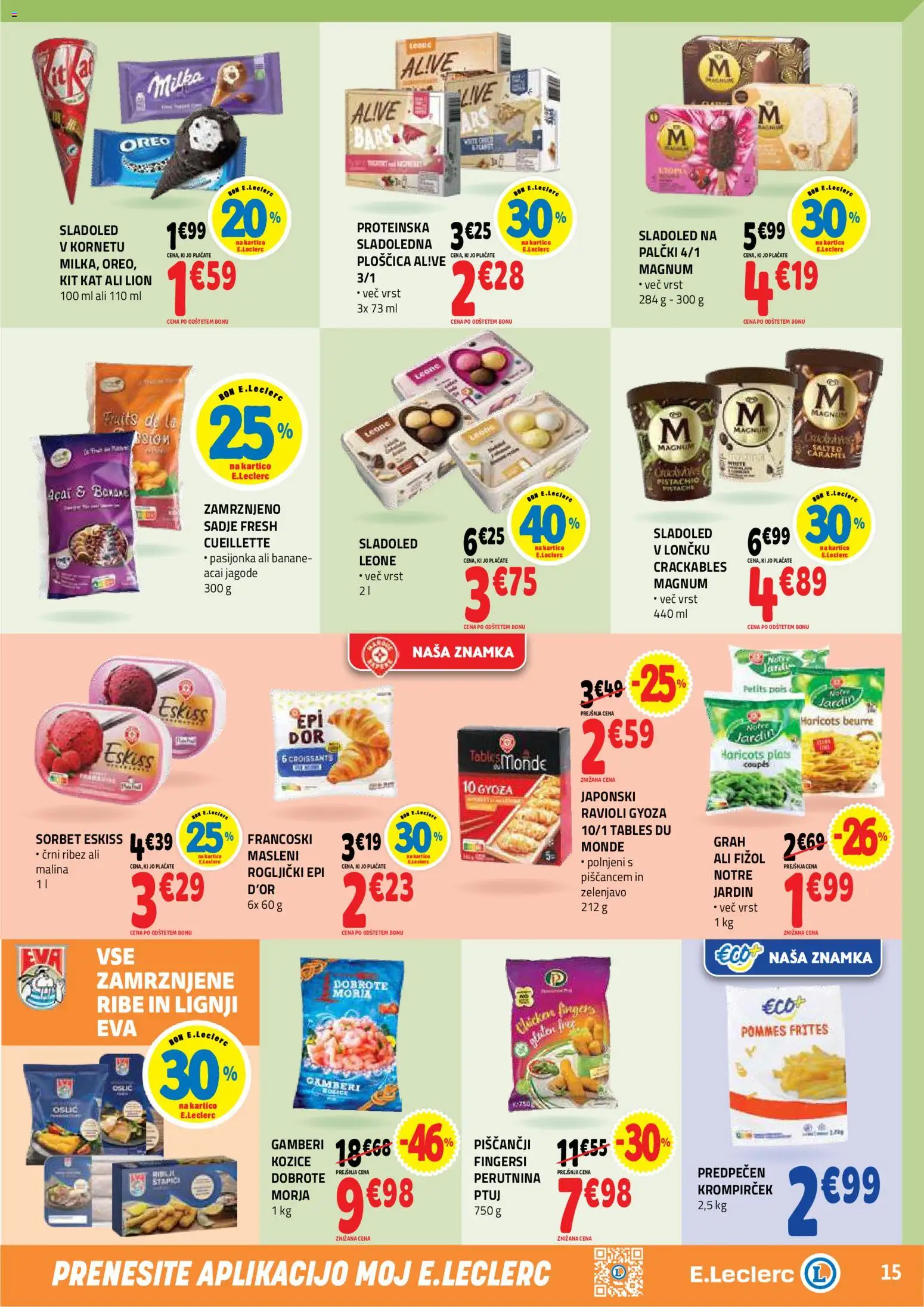 Novi E.leclerc katalog ponudbe – veljaven od 05.08.2026 | Stran: 15 | Izdelki: Lignji, Rogljički, Sladoled, Grah
