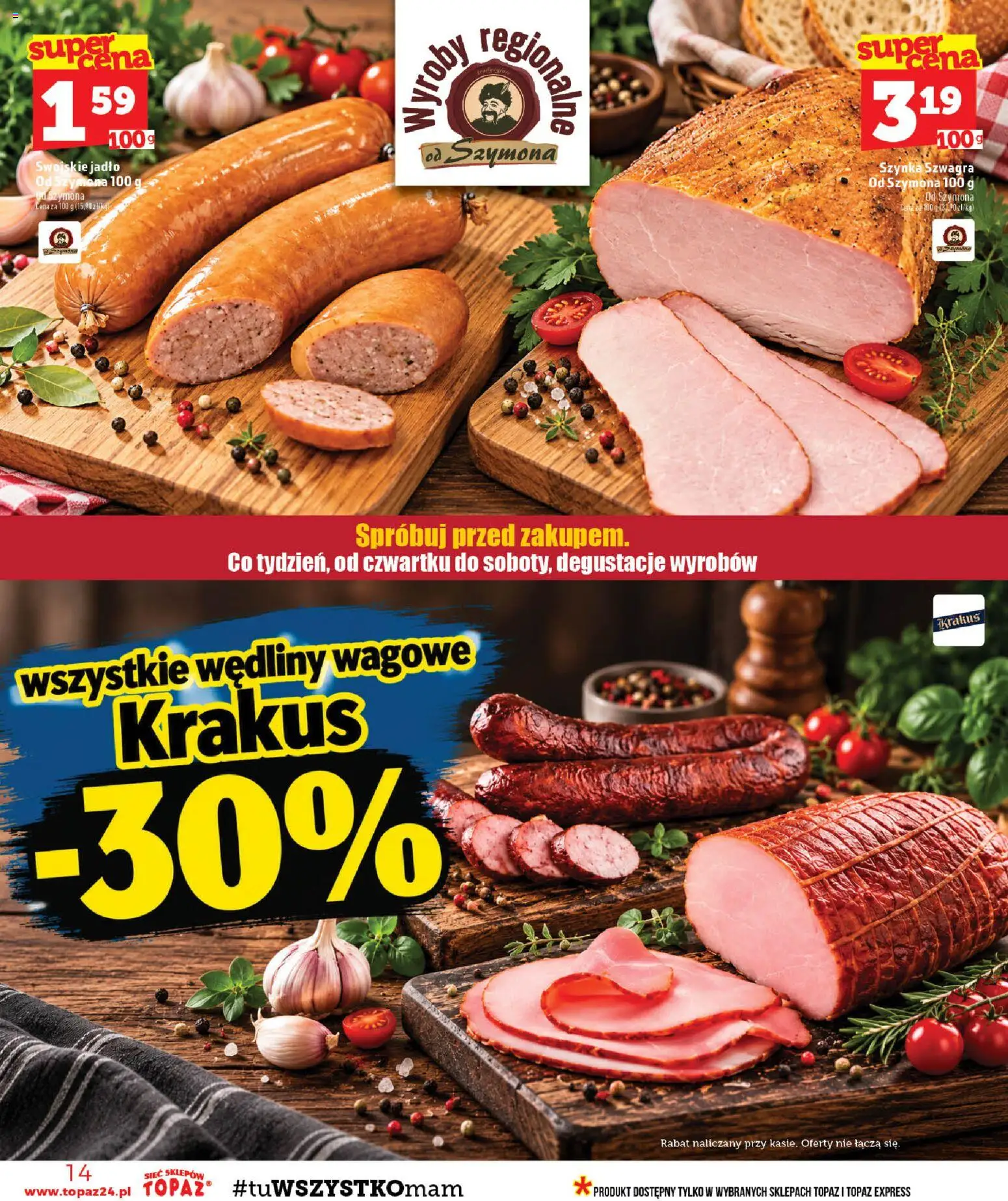 Topaz gazetka - MAZ od 08.10.2026 | Strona: 14 | Produkty: Szynka, Wędliny