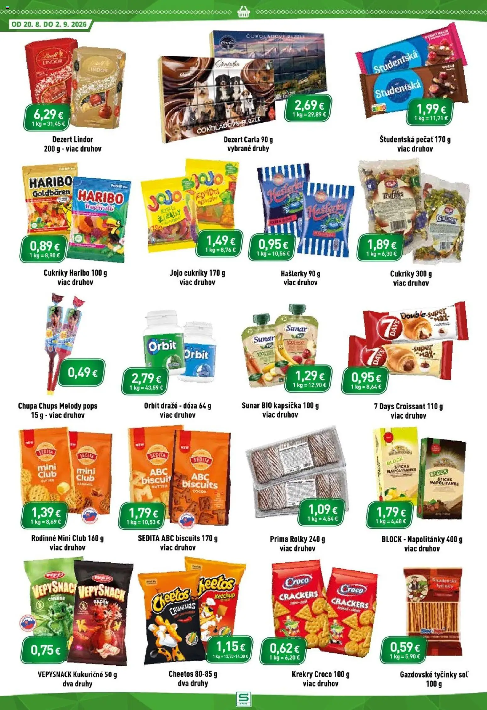 Nové Sintra akcie – leták je platný od 20.08.2026 | Strana: 8 | Produkty: Croissant, Lindor, Cukríky, Dezert