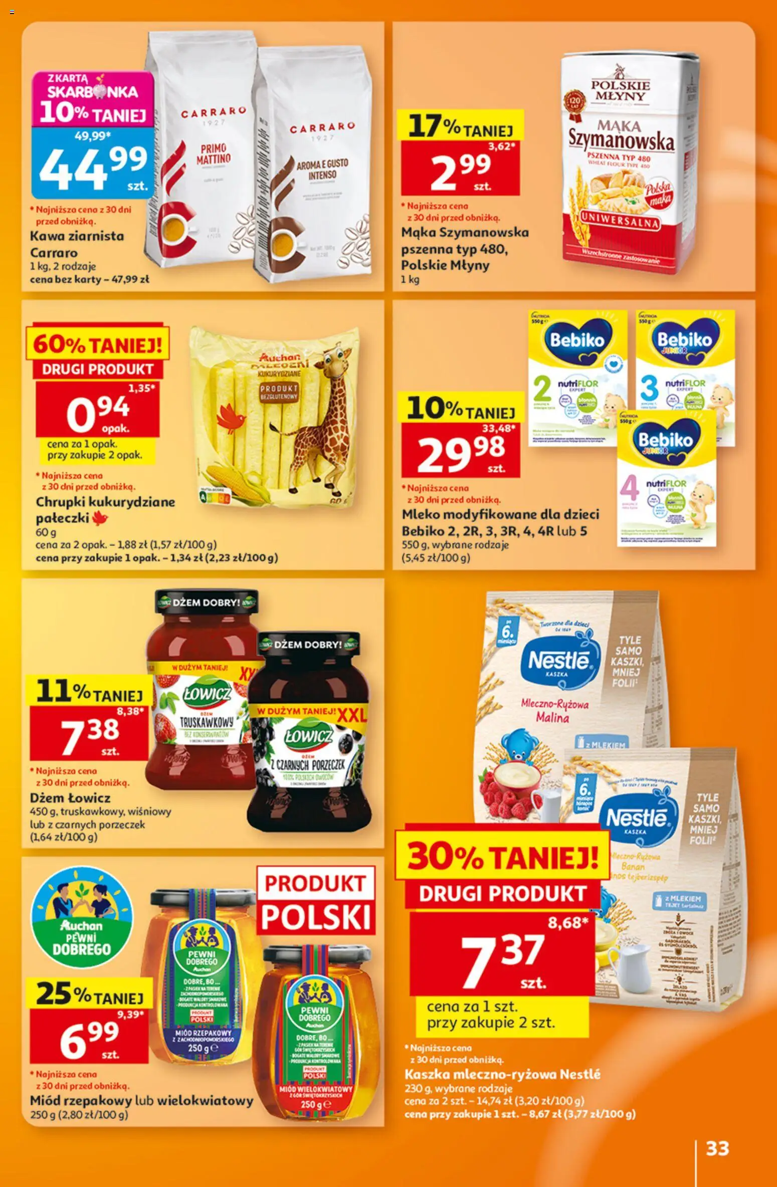Auchan gazetka - 30 Lat Hipermarket od 27.08.2026 | Strona: 33 | Produkty: Chrupki, Miód wielokwiatowy, Mleko, Mąka
