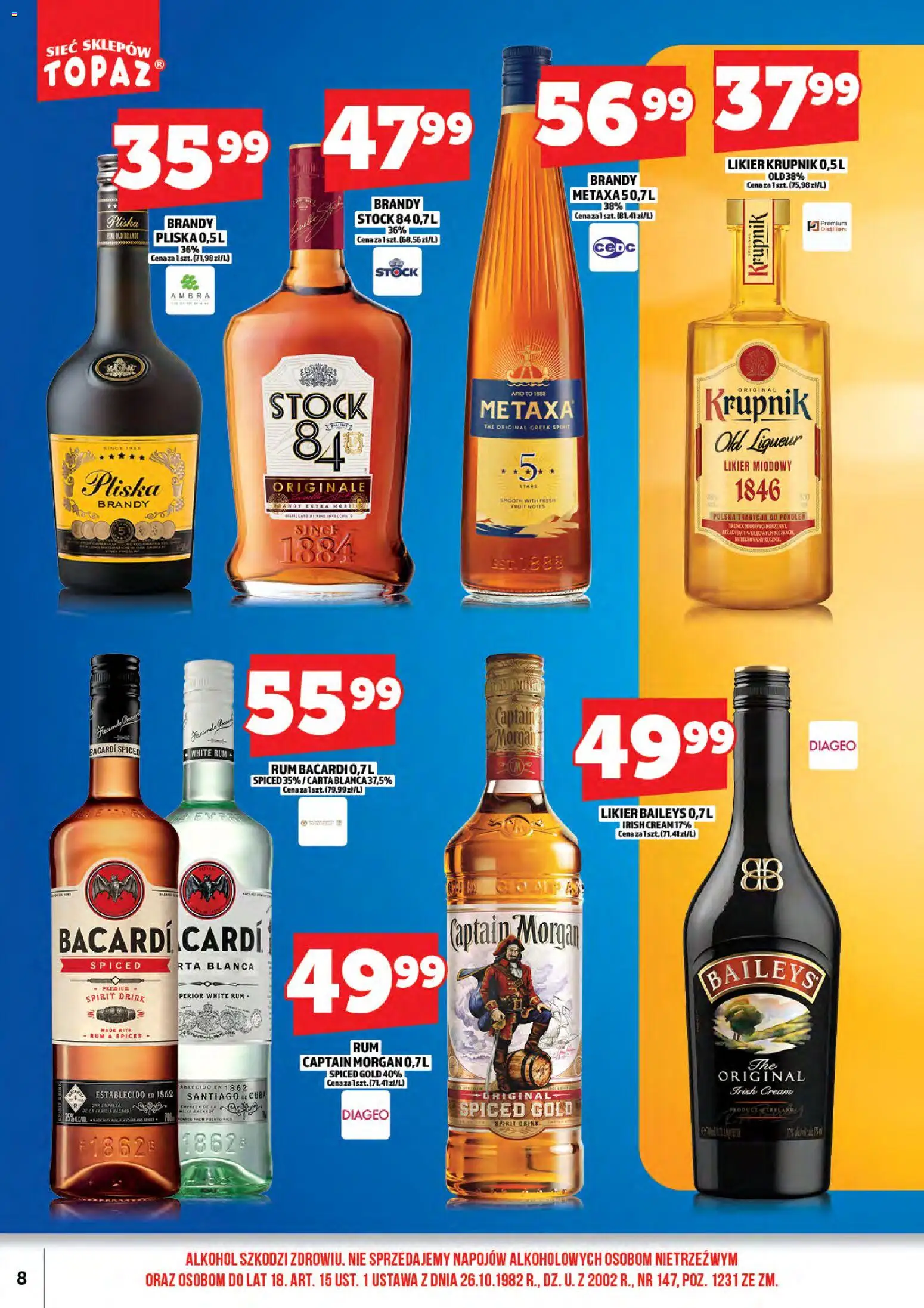 Topaz gazetka alkoholowa od 15.05.2026 | Strona: 10 | Produkty: Rum Bacardi, Captain Morgan, Rum, Alkohol