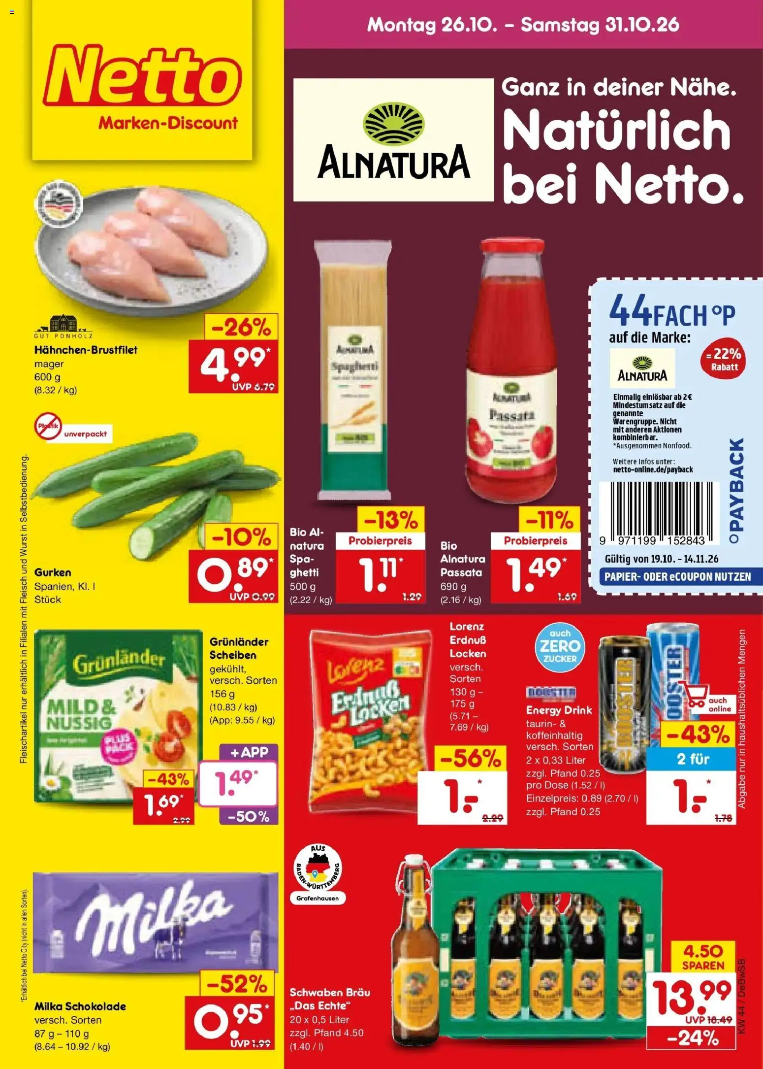 Netto Marken-Discount Prospekt Waiblingen-Bittenfeld – gültig ab 26.10.2026 | Seite: 1 | Produkte: Spaghetti, Milka, Grunlander, Wurst
