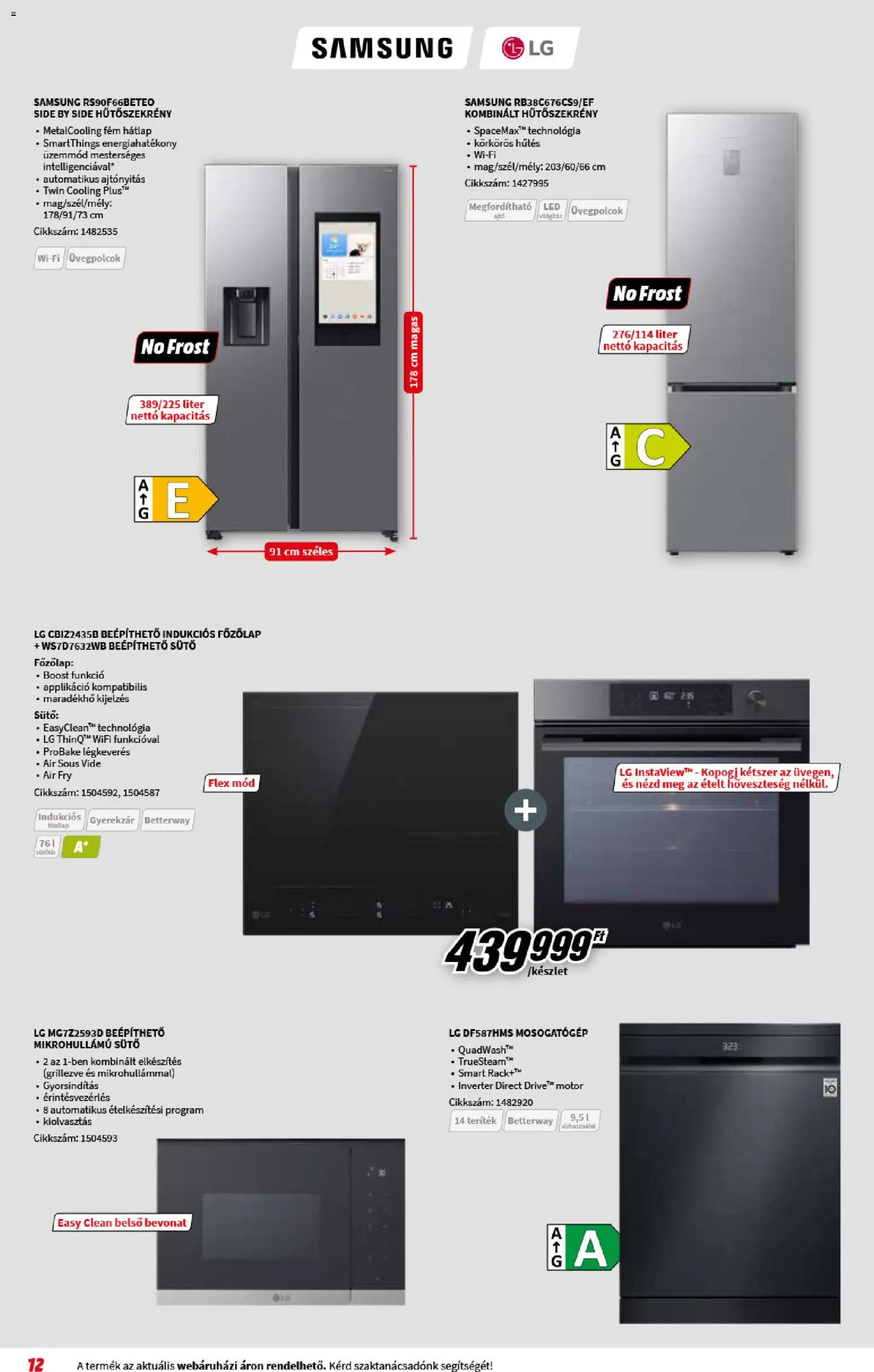 Media Markt akciós ujság - amely érvényes a következő dátumtól: 08.04.2026 | Oldal: 12 | Termékek: Mikrohullámú sütő, Mosogatógép, Kombinált hűtőszekrény, Samsung
