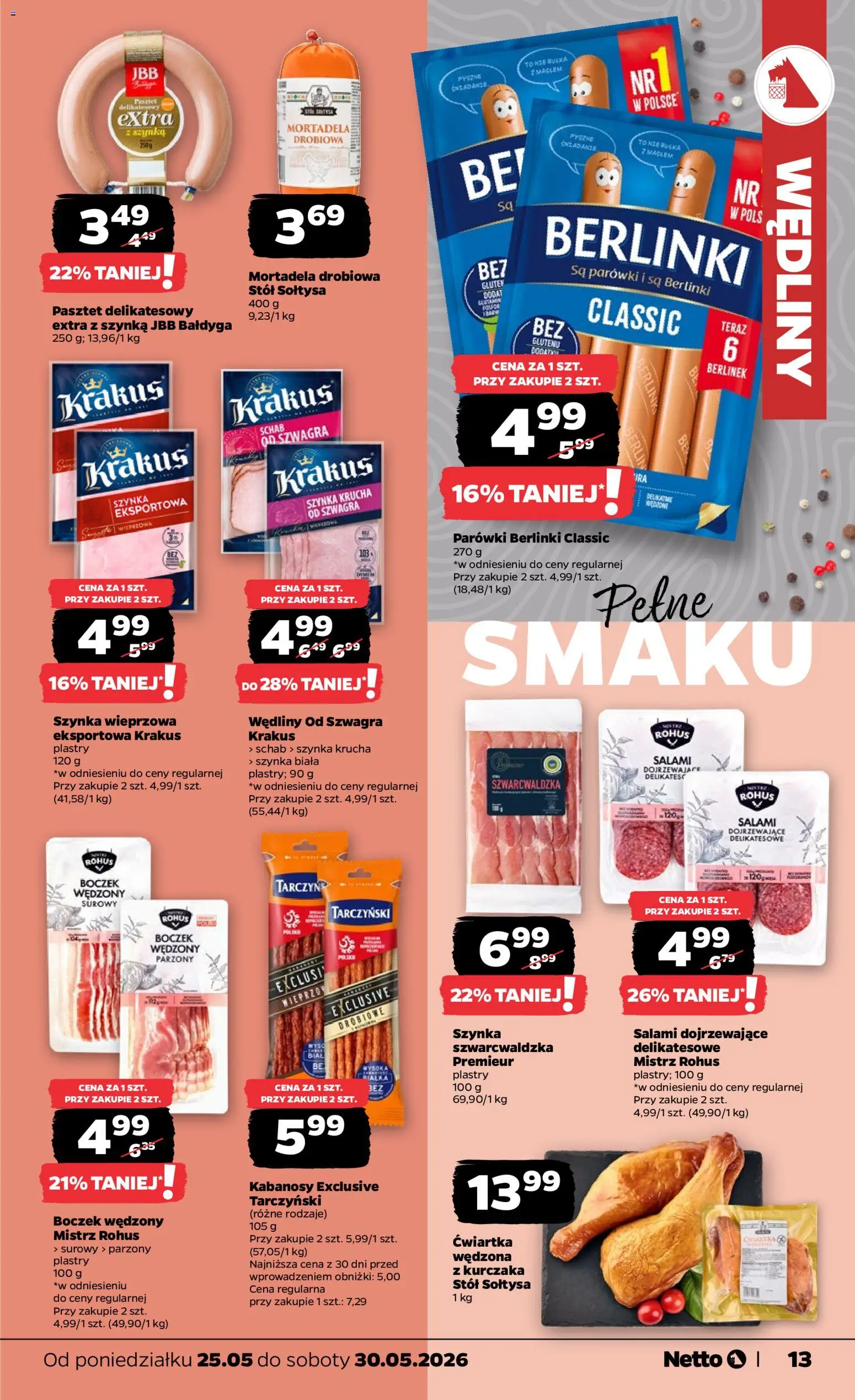 Netto gazetka od poniedziałku spożywcza od 25.05.2026 | Strona: 13 | Produkty: Schab, Boczek wędzony parzony, Szynka, Boczek