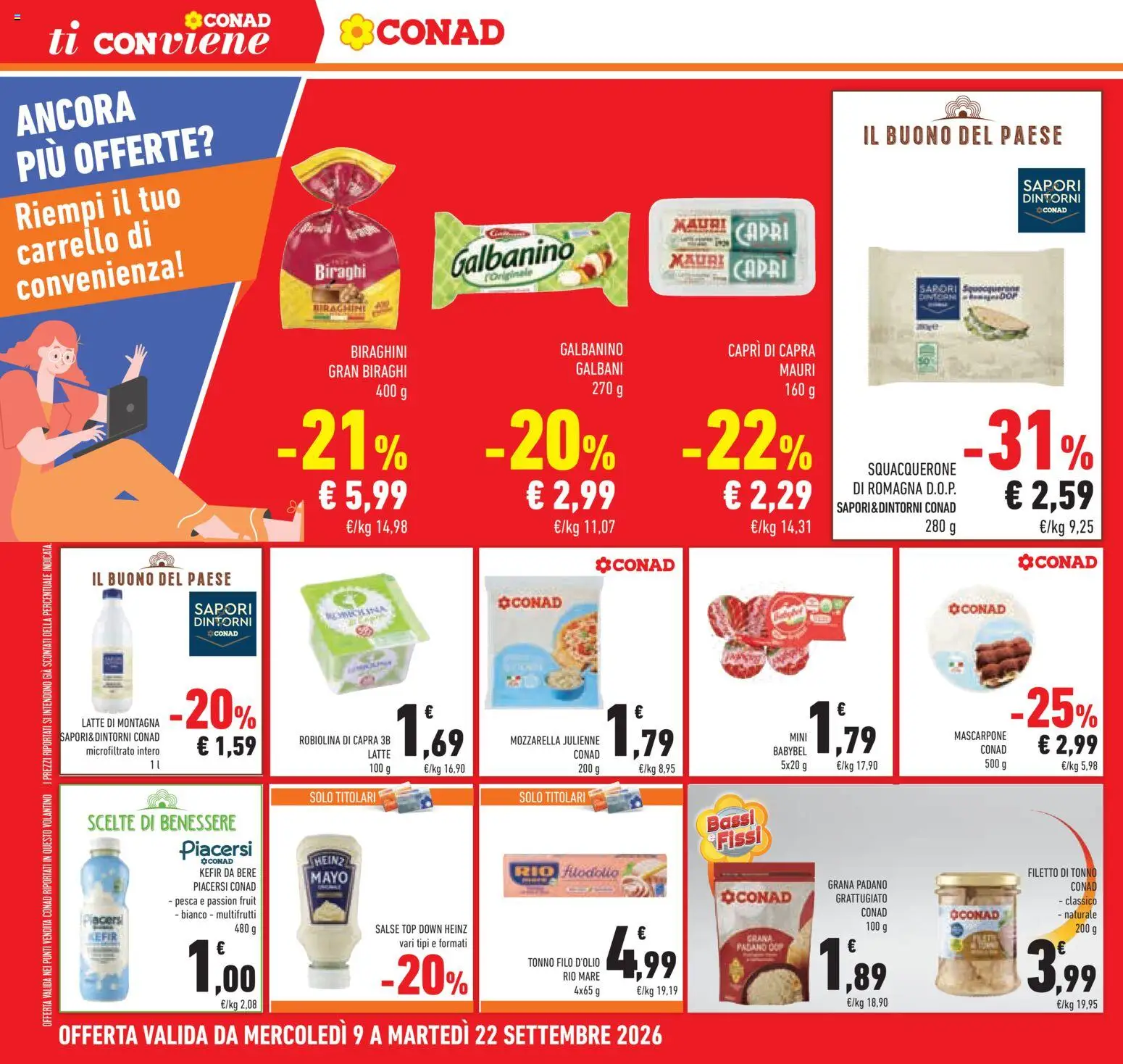 Volantino Conad del 09/09/2026 | Pagina: 16 | Prodotti: Kefir, Latte, Top, Mozzarella julienne