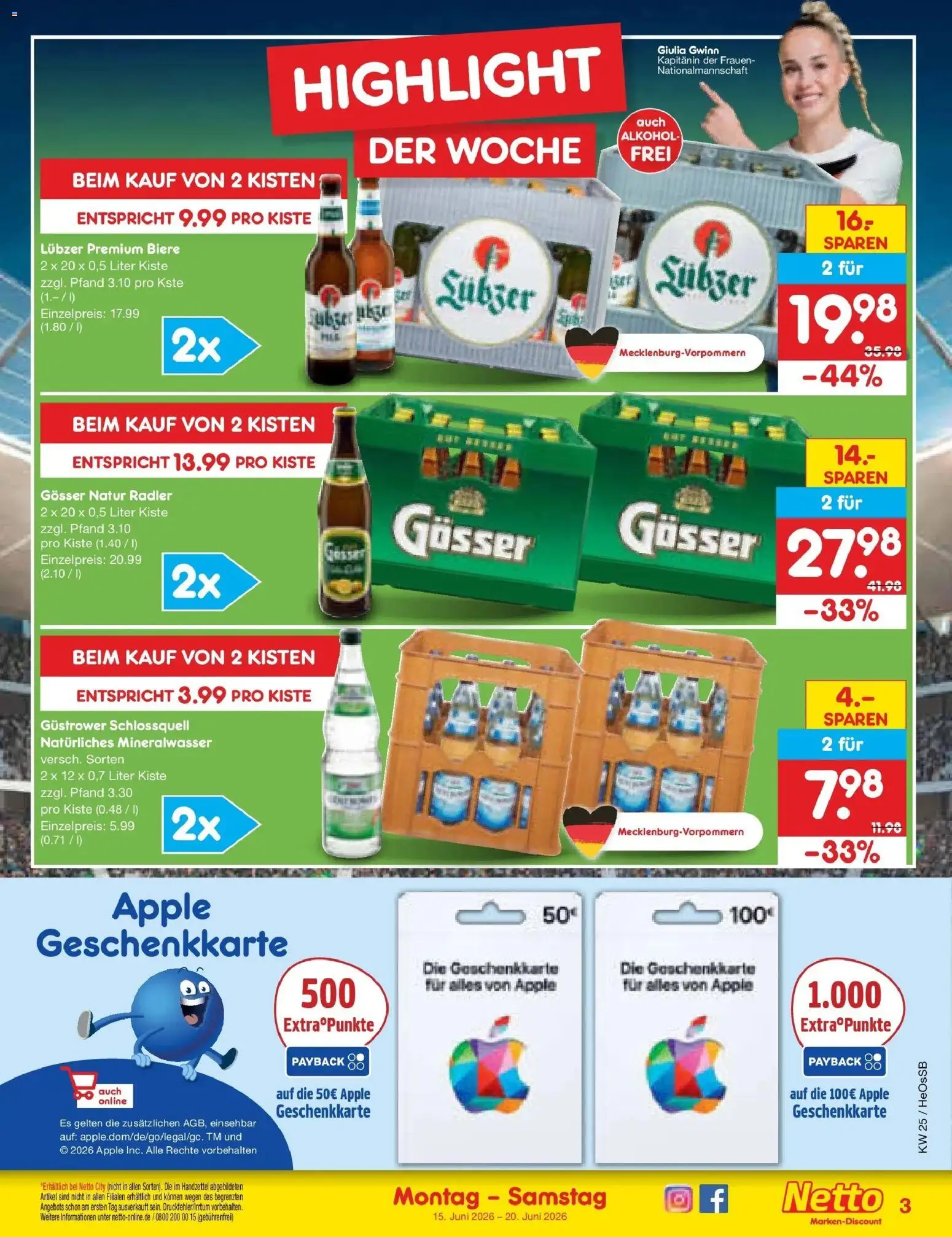 Netto Marken-Discount Prospekt Kröpelin – gültig ab 15.06.2026 | Seite: 3 | Produkte: Mineralwasser, Apple, Radler, Lubzer