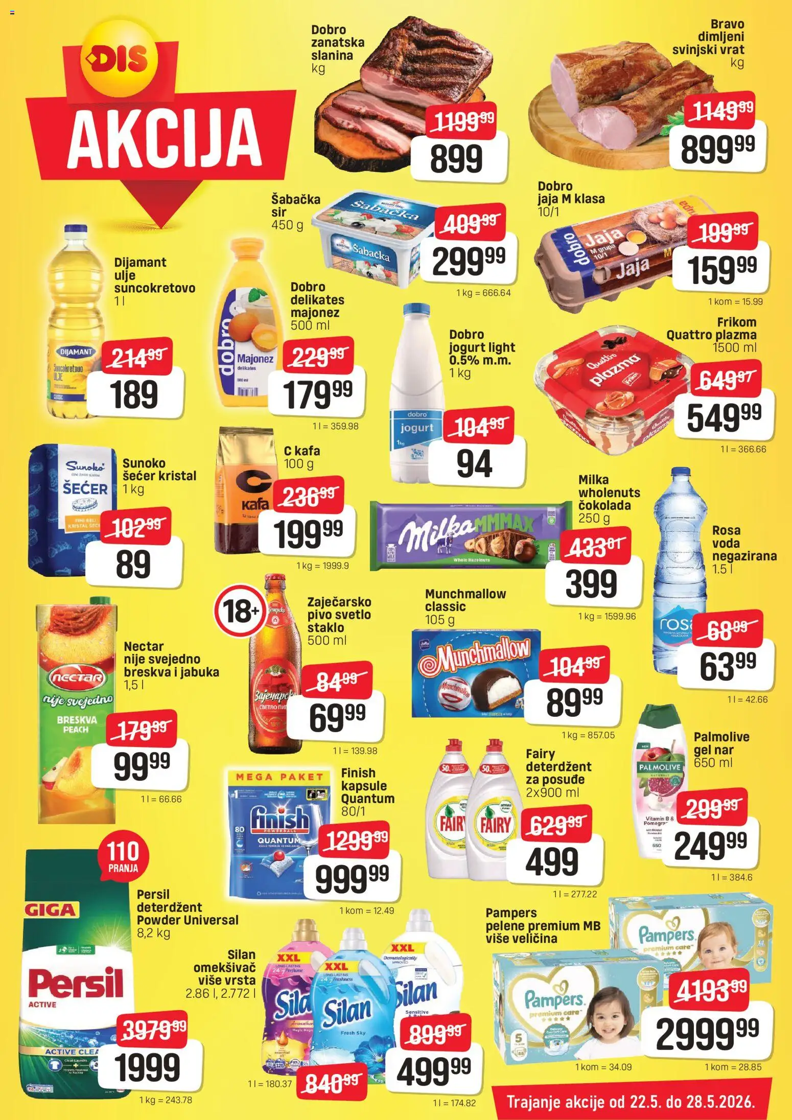 DIS katalog - važi od 22.05.2026 | Strana: 2 | Proizvode: Deterdžent, Pampers, Svinjski vrat, Breskva
