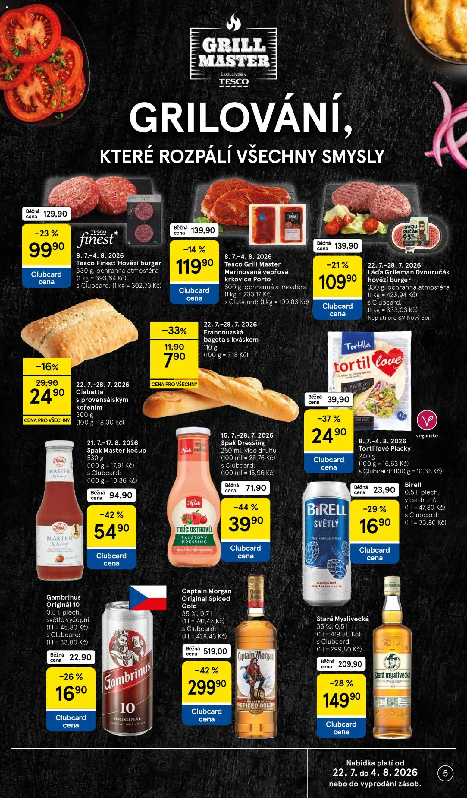 Tesco leták - Supermarket od 22.07.2026 | Strana: 5 | Produkty: Burger, Finest, Tortilla wraps, Hovězí burger
