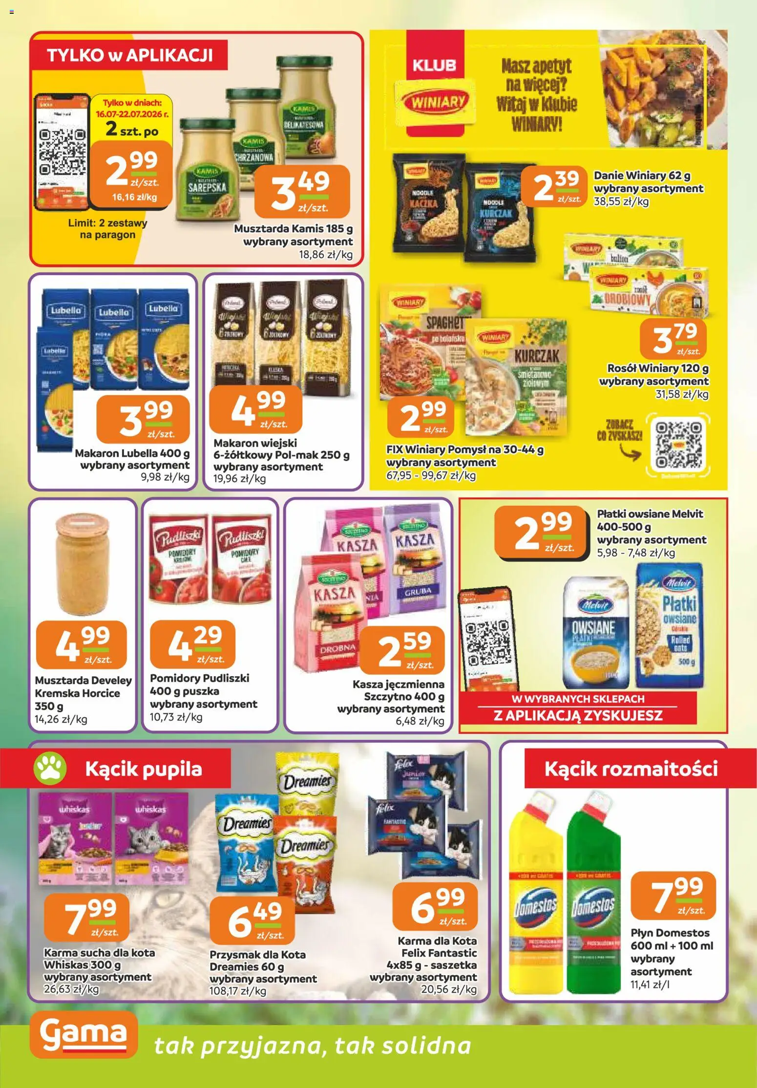 Gama gazetka od 16.07.2026 | Strona: 8 | Produkty: Musztarda, Karma dla kota, Płatki, Makaron