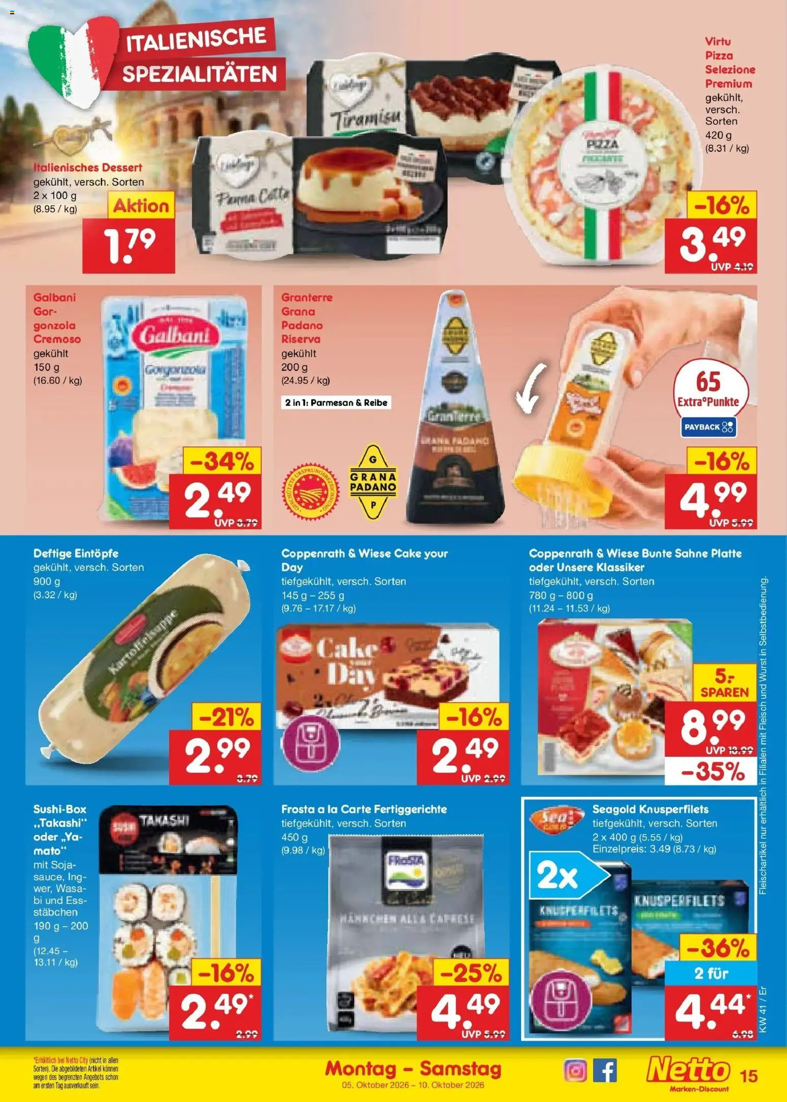 Netto Marken-Discount Prospekt Naumburg – gültig ab 05.10.2026 | Seite: 15 | Produkte: Grana Padano, Spezialitäten, Frosta, Fleisch