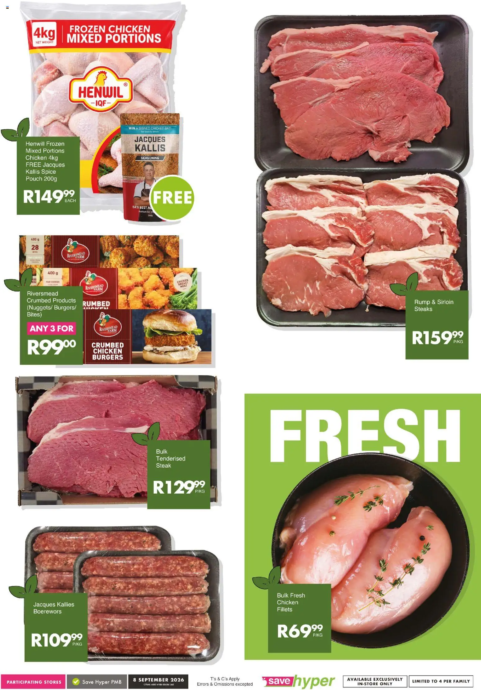 New Save catalogue – valid from 08/09/2026 | Page: 8 | Products: Boerewors, Chicken, Burgers, Seasoning