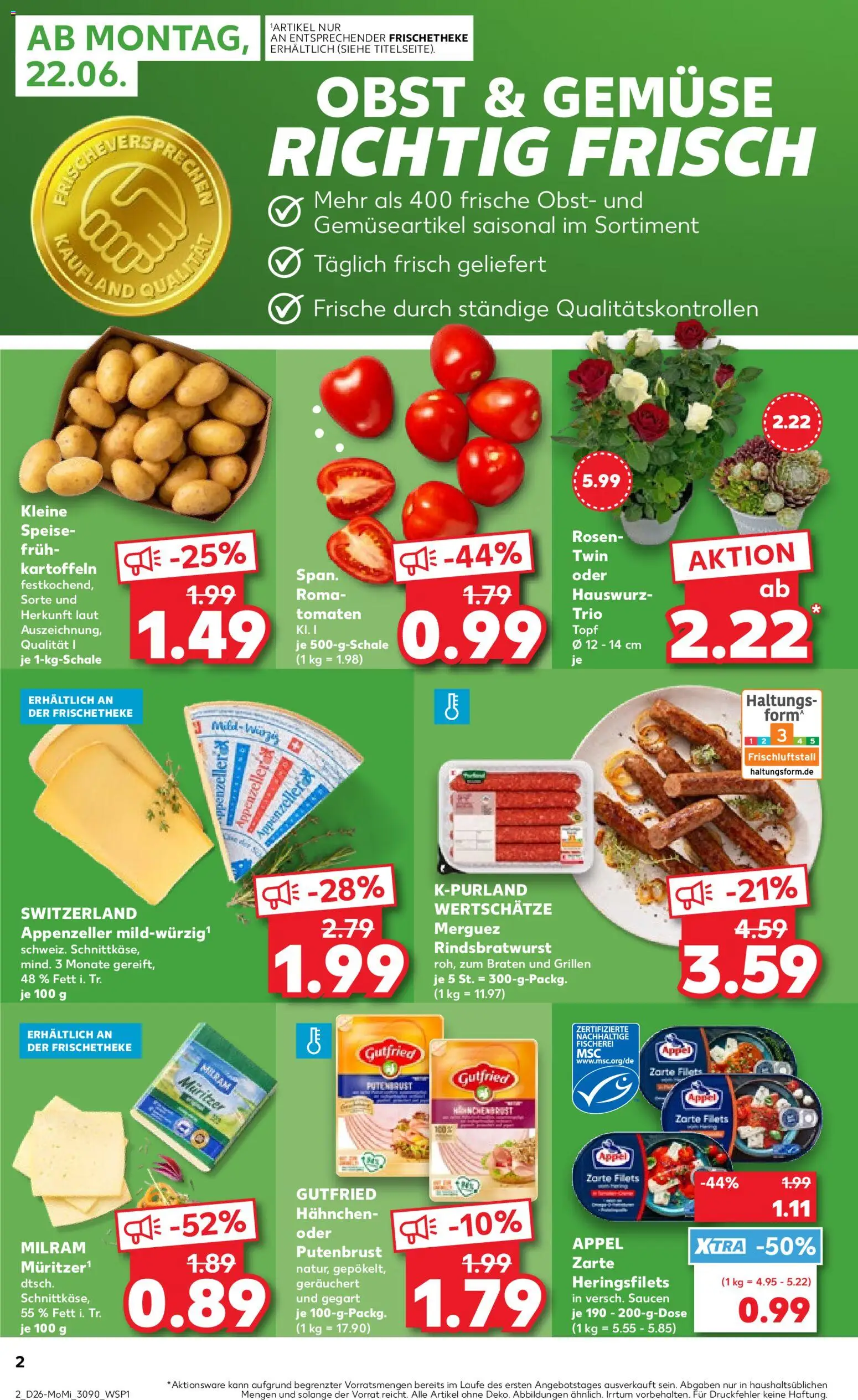 Kaufland Prospekt Zeitz – gültig ab 22.06.2026 | Seite: 2 | Produkte: Tomaten, Gemüse, Obst, Milram