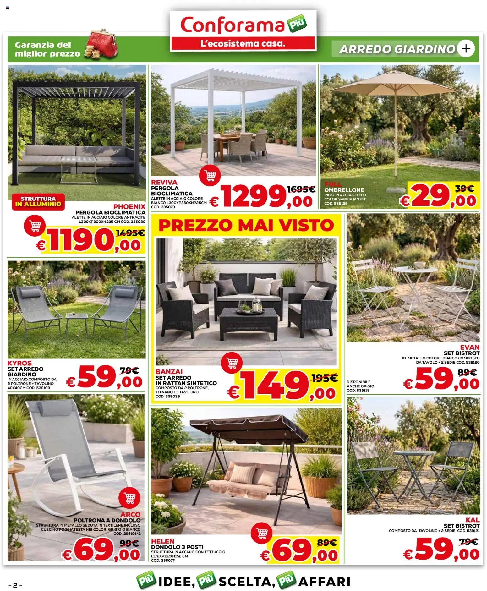 Volantino Conforama del 04.06.2026 | Pagina: 2 | Prodotti: Ombrellone, Dondolo, Poltrona, Tavolo