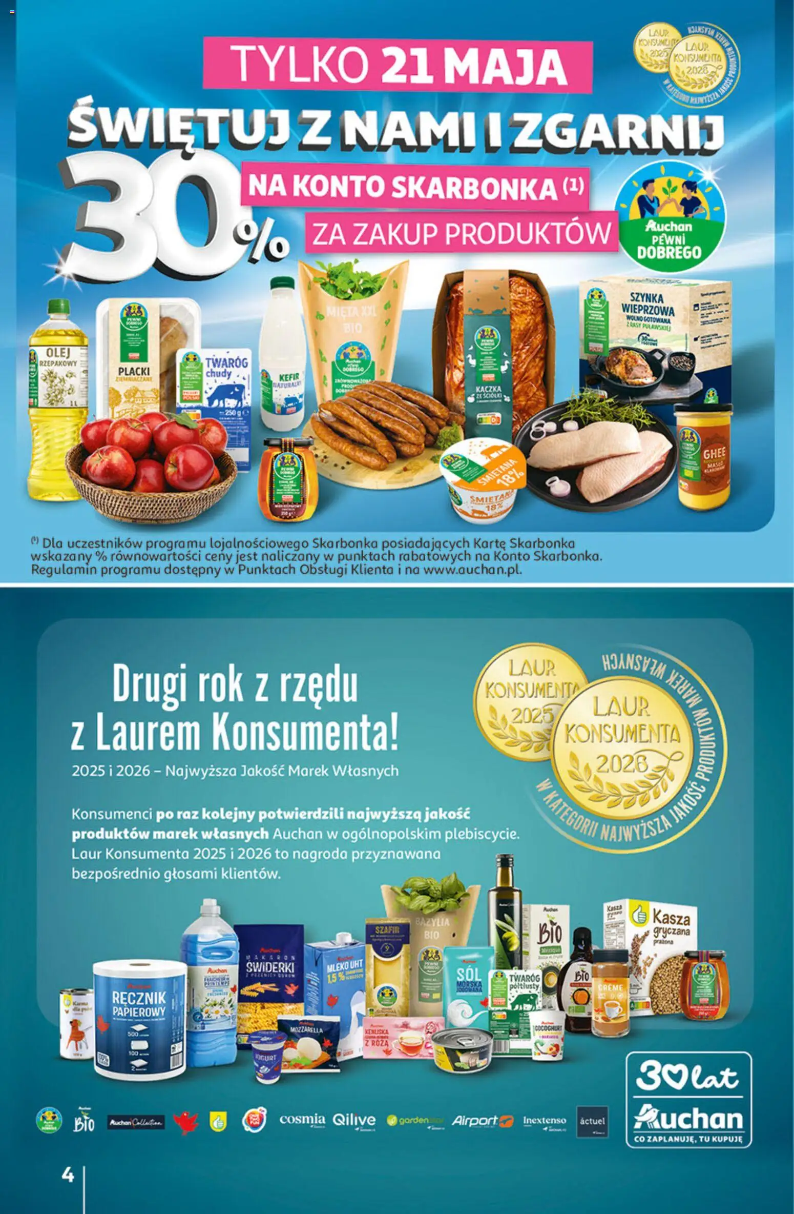 Auchan gazetka - 30 Lat Hipermarket od 21.05.2026 | Strona: 4 | Produkty: Kefir, Szynka, Mięta, Mleko