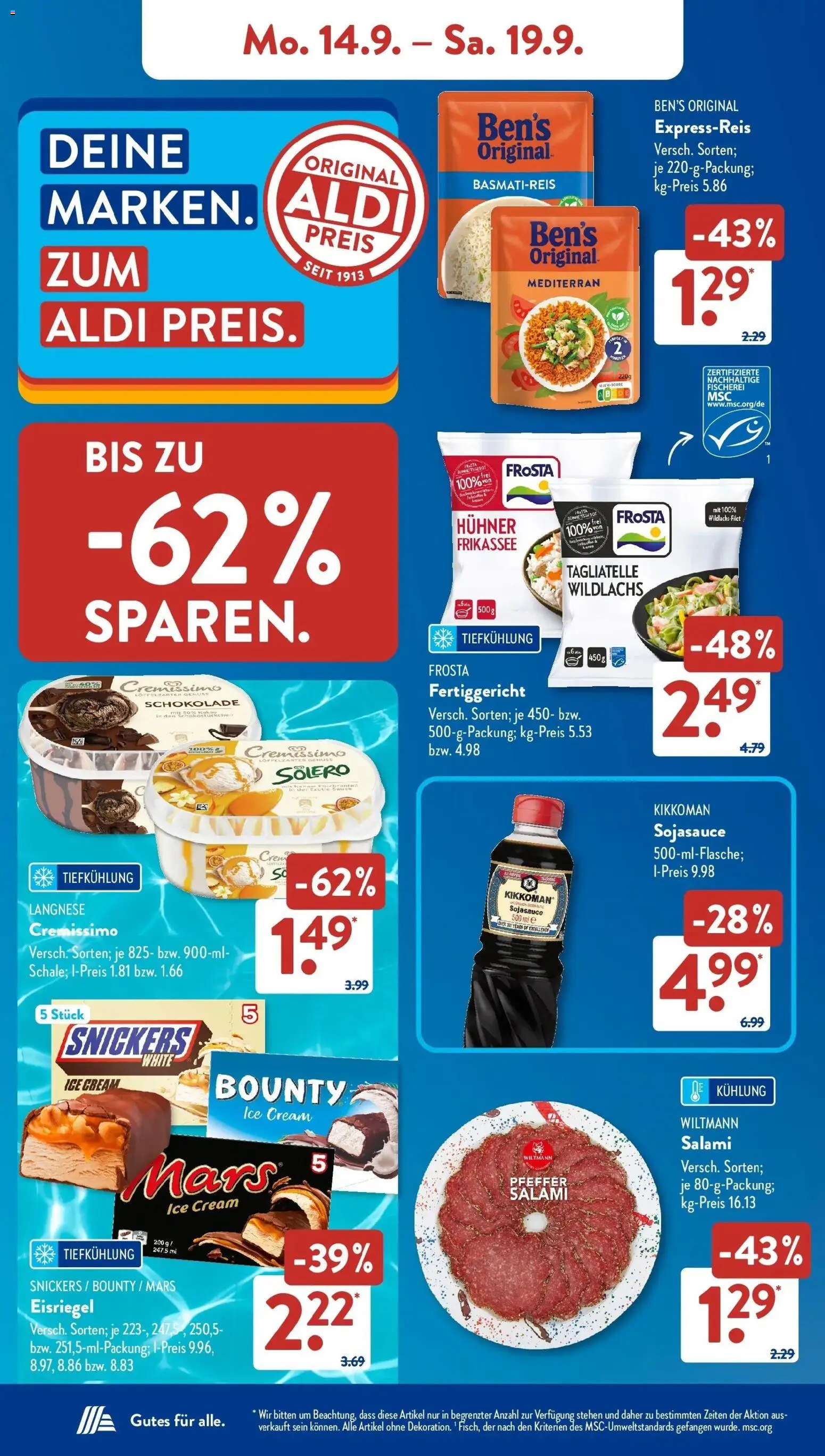 Aldi Süd Aktueller Prospekt (ab 14.09.2026) zum Blättern | Seite: 9 | Produkte: Langnese, Basmatireis, Mars, Salami