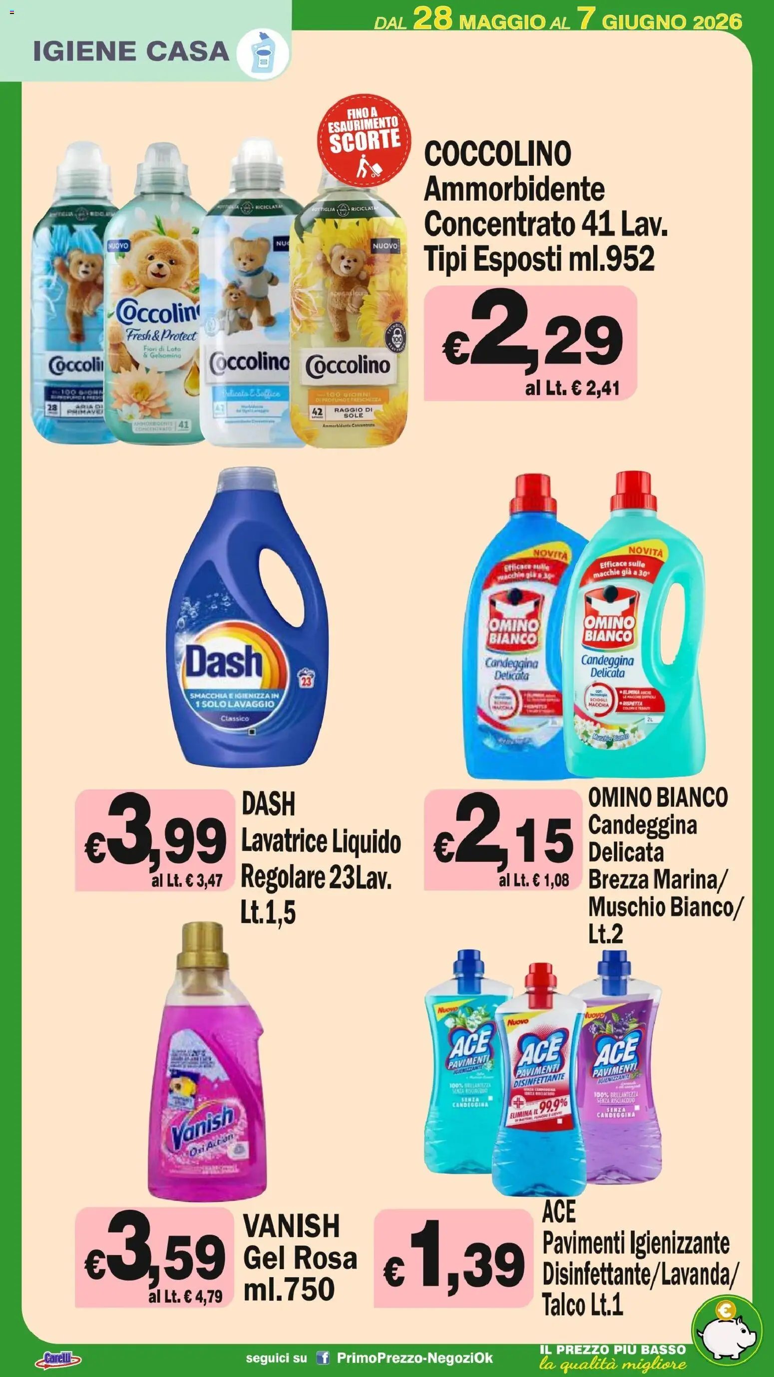 Volantino Primo Prezzo del 28.05.2026 | Pagina: 21 | Prodotti: Ammorbidente, Talco, Lavatrice, Profumo