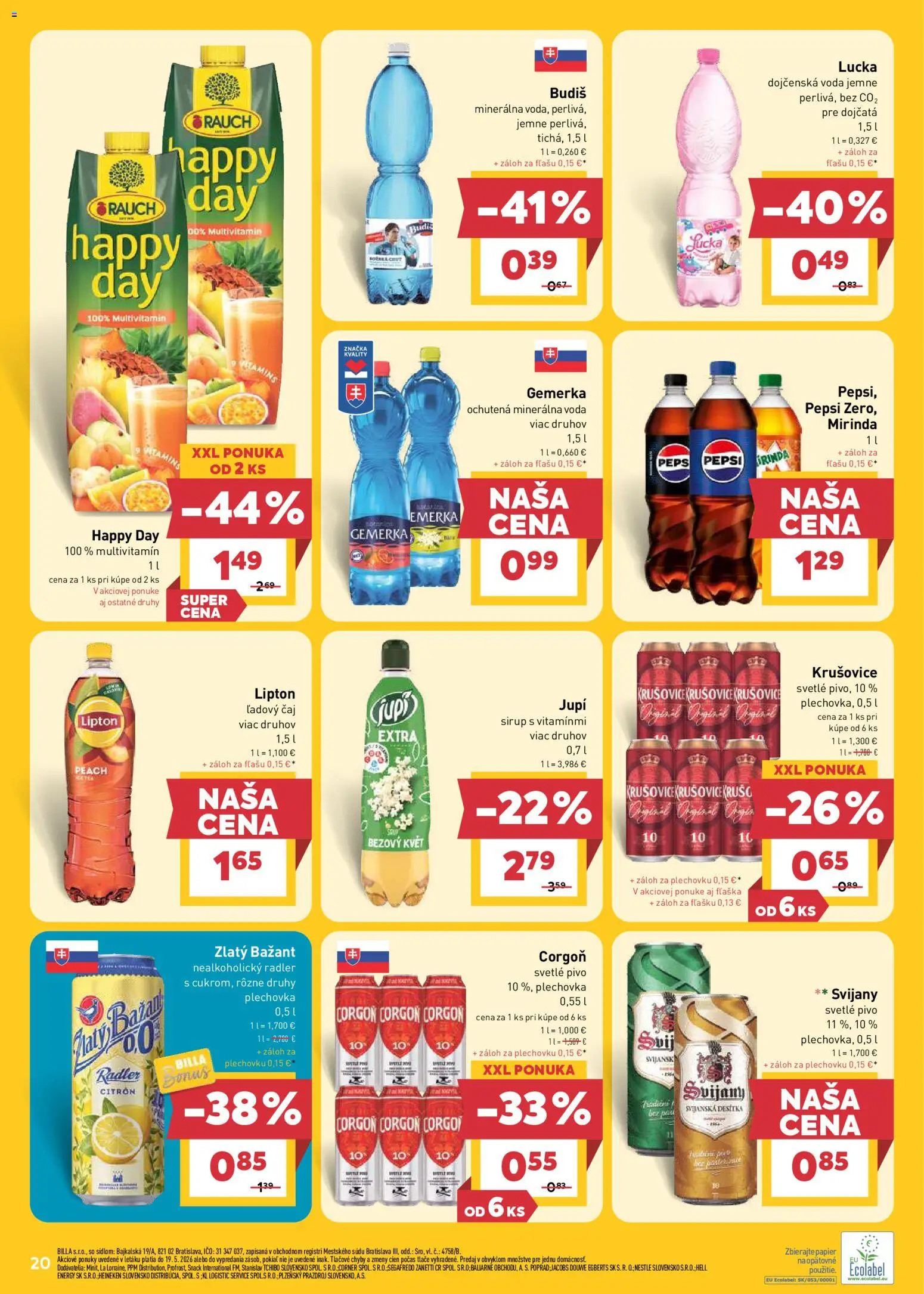Nové Billa akcie – leták je platný od 13.05.2026 | Strana: 20 | Produkty: Radler, Budiš, Corgoň, Voda