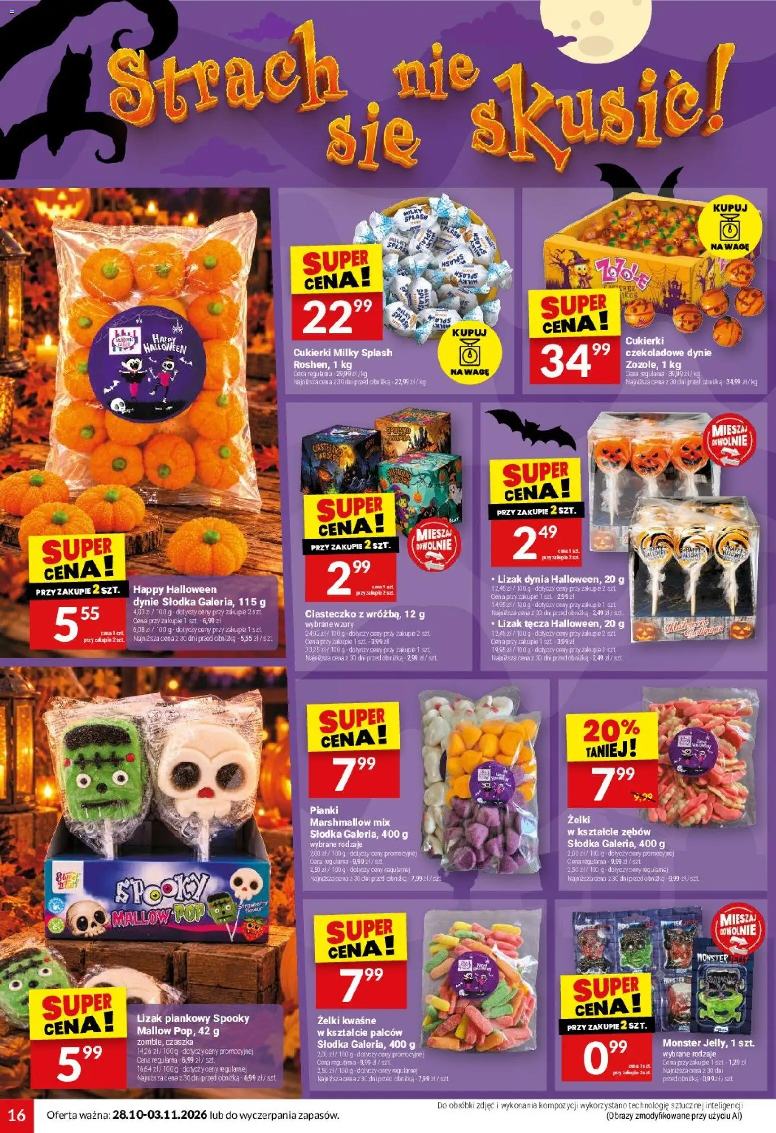 Twój Market gazetka od 28.10.2026 | Strona: 16 | Produkty: Cukierki Milky Splash, Pianki marshmallow, Żelki, Pianki