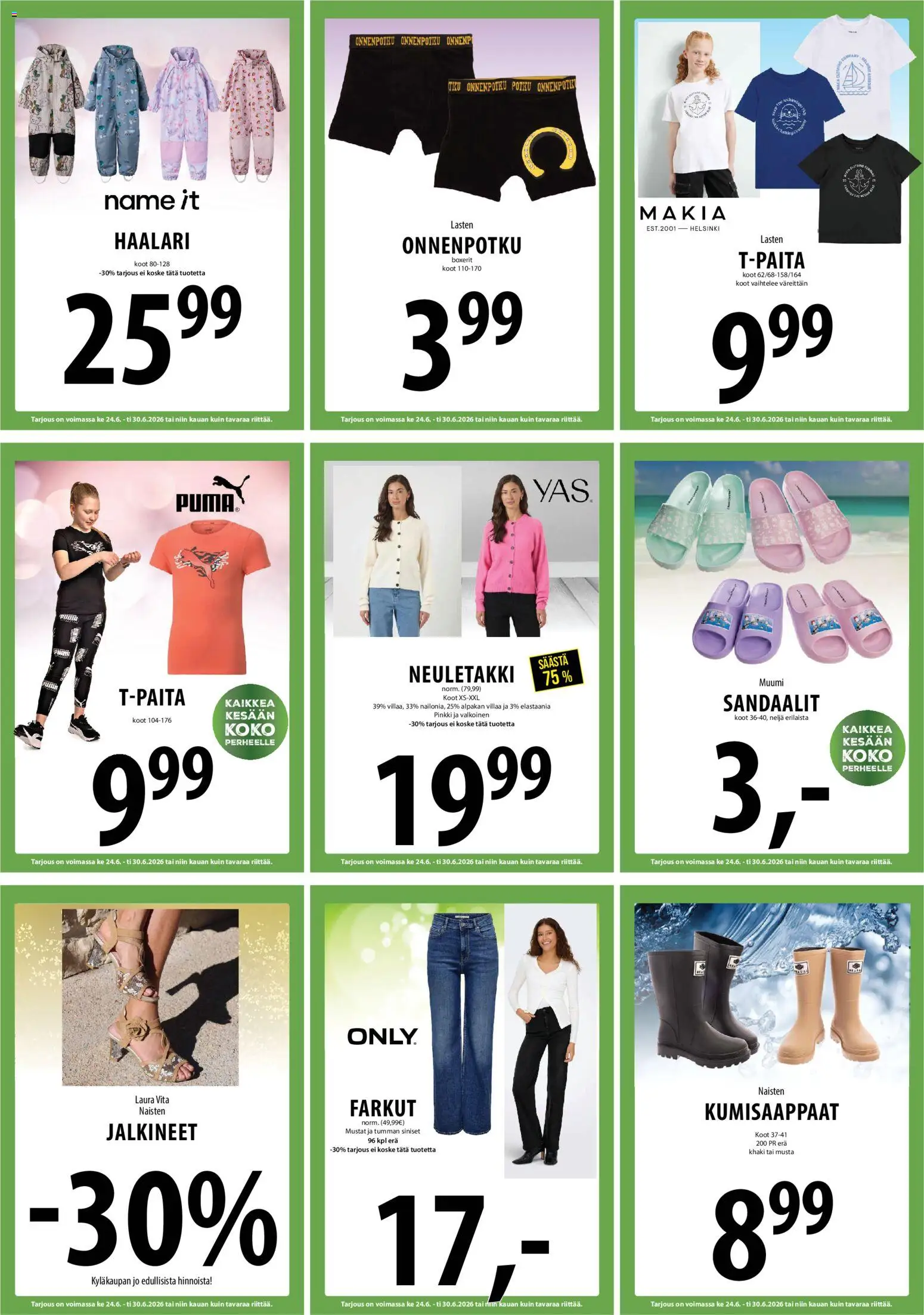 Tuuri tarjoukset – voimassa 24/06/2026 alkaen | Sivu: 23 | Tuotteet: Neuletakki, Haalari, Sandaalit, Kumisaappaat