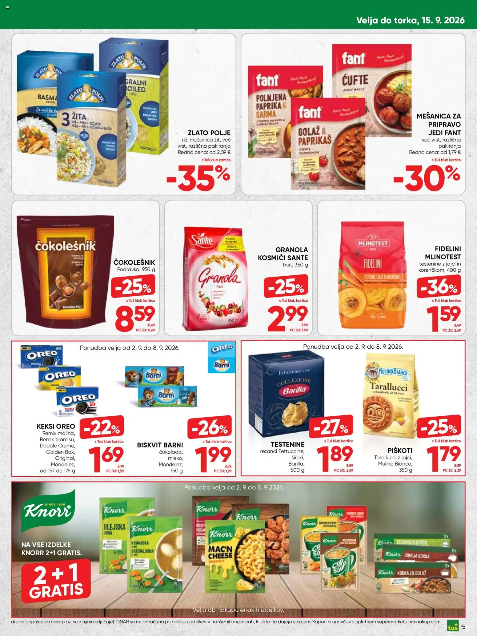 Novi Tuš katalog ponudbe – veljaven od 02.09.2026 | Stran: 15 | Izdelki: Rezanci, Barilla, Čokolešnik, Kosmici